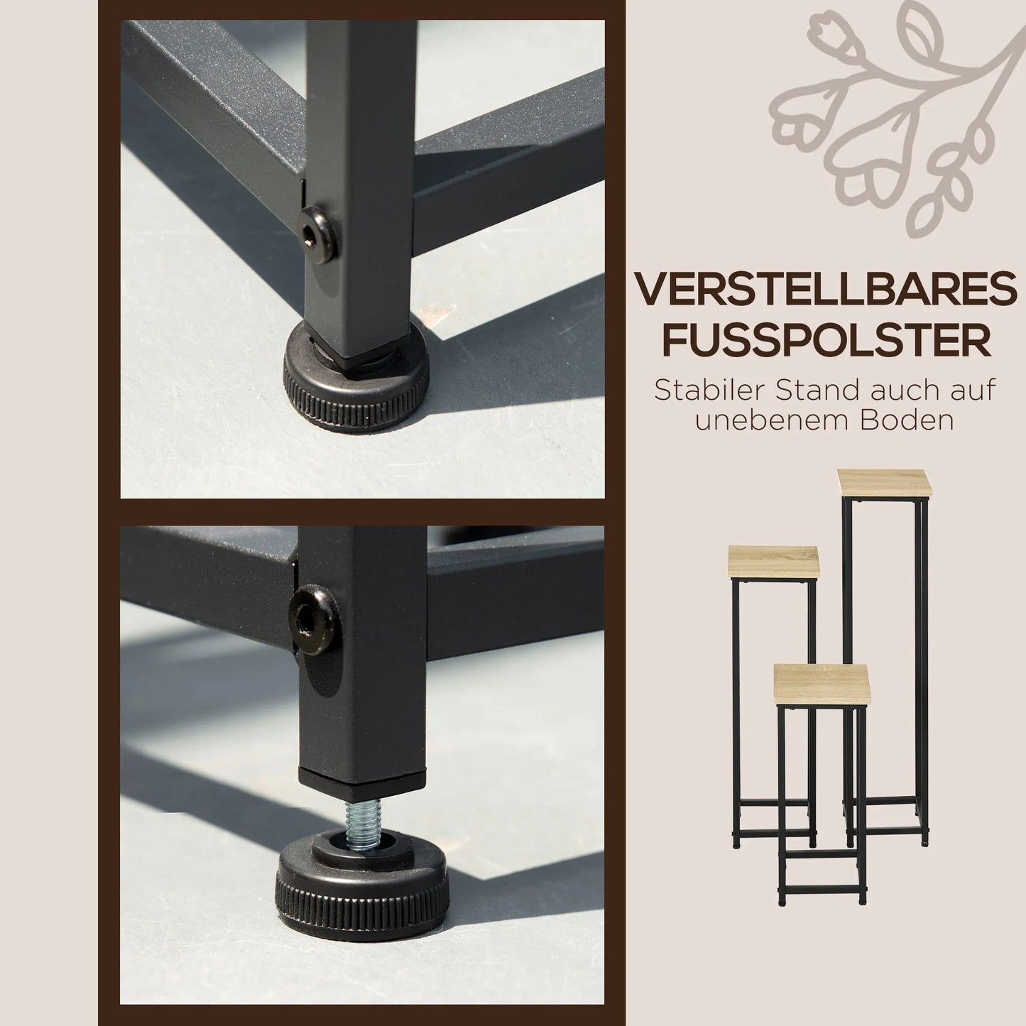 3 dalių rinkinys, sukraunami augalų stovai, taupantys vietą, 21 cm x 21 cm x 50/70/90 cm, plienas, ruda + juoda