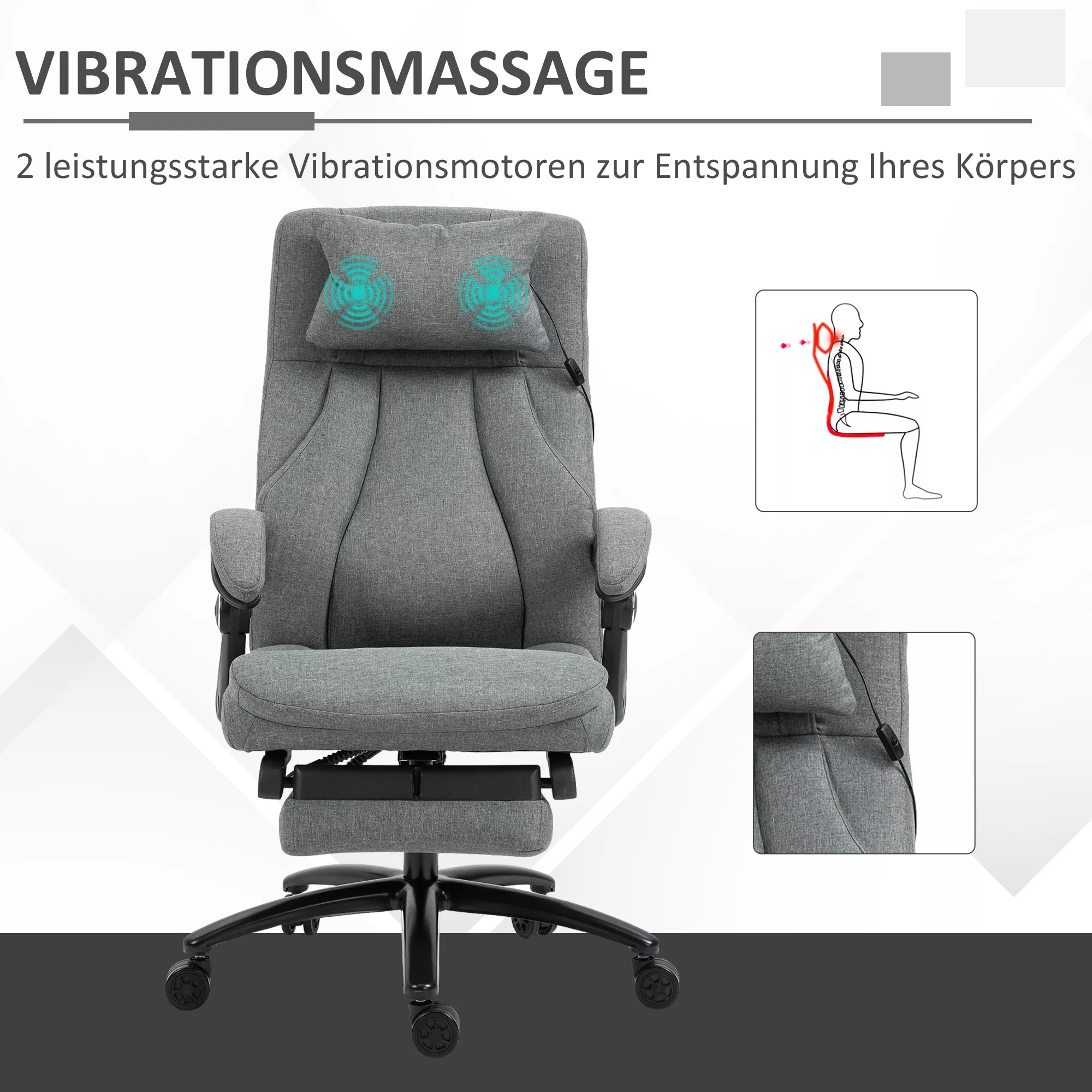 Biuro kėdė su masažo funkcija, aukščio reguliuojama vadovo kėdė, žaidimų kėdė su atlošu ir masažo funkcija, ergonomiška sukiojama kėdė, masažinė kėdė, lino tekstūra, pilka, 64 x 74 x 109–117 cm
