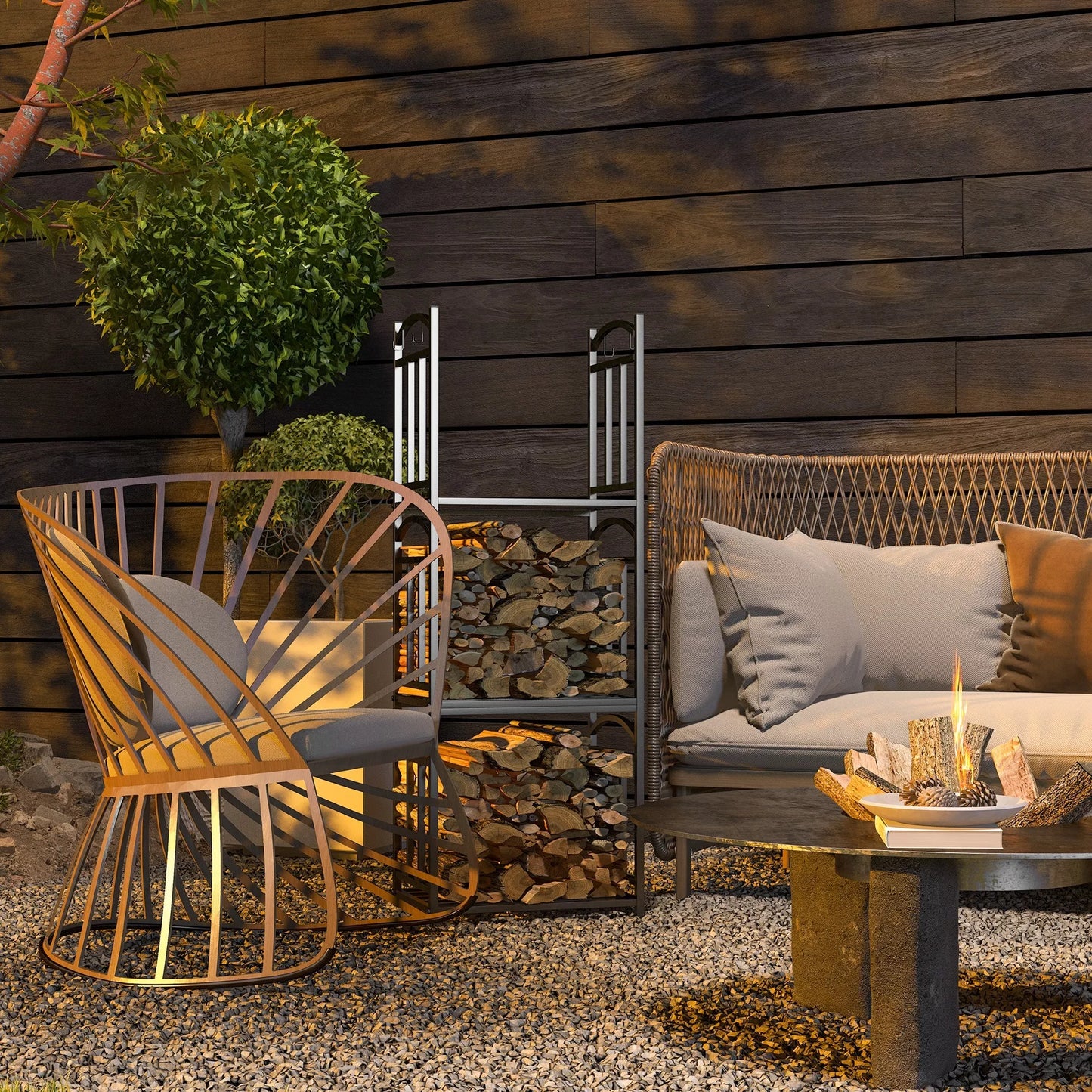 Vidinis malkų stovas 46 x 32 x 126 cm, 3 lygiai, malkų lentyna su 4 kabliukais, metalas, juodas