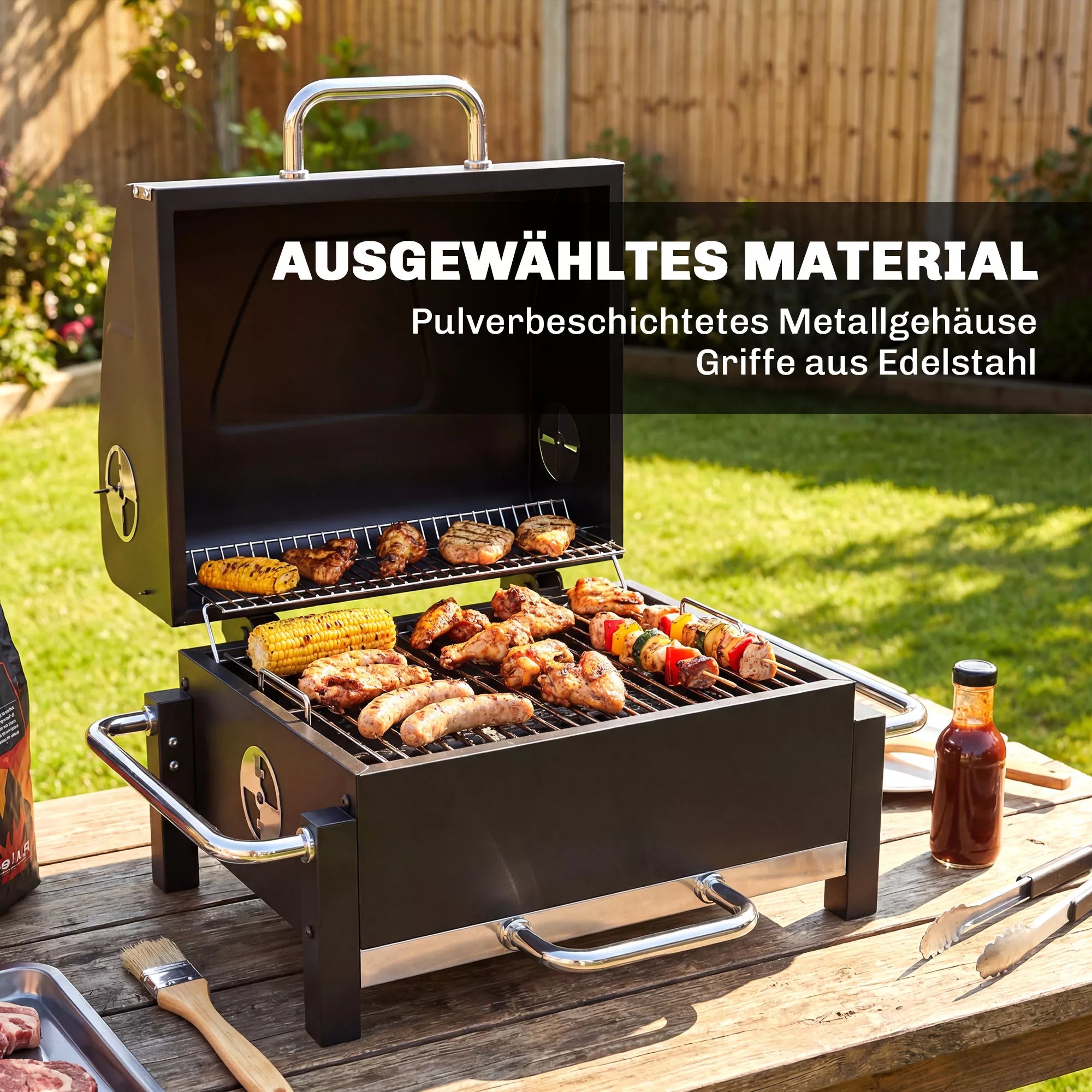 Plieninis anglies grilis, nešiojamas BBQ rūkintuvas su dangčiu, reguliuojama ventiliacija, dviejų lygių anglies dėžė, termometras