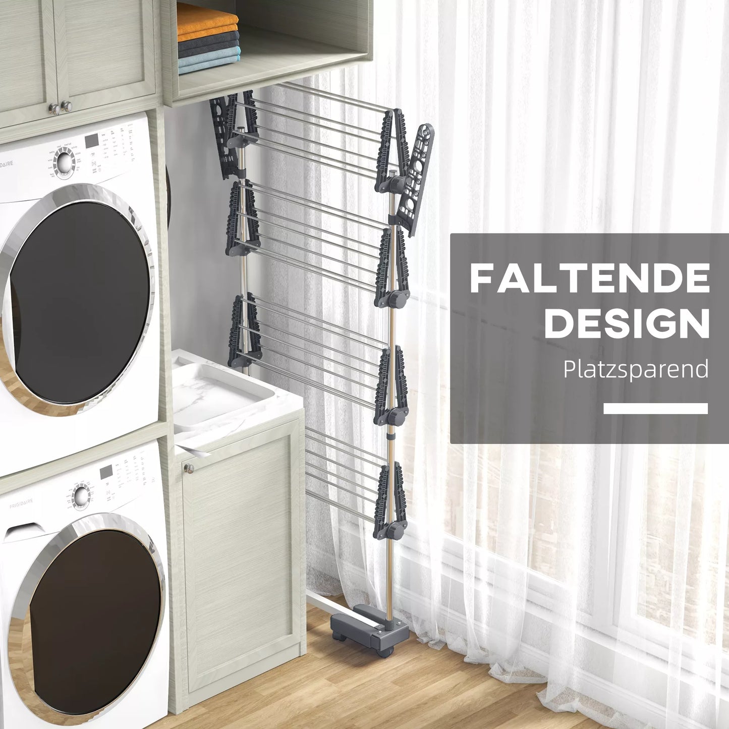 Drabužių džiovykla 5 pakopų, sulankstoma, "Vieno paspaudimo" sistema, 142 cm x 55 cm x 172 cm, pilka + sidabrinė