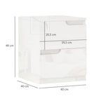 Stalelio matmenų schema: 48 cm aukštis, 40 x 40 cm plotis ir gylis, stalčių aukščiai 20,5 ir 39,5 cm