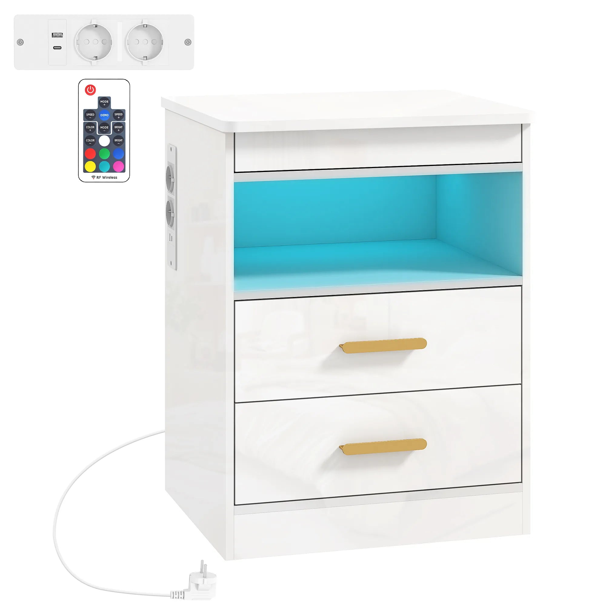 Naktinis stalelis su įkrovimo stotele ir RGB LED apšvietimu, baltas blizgus