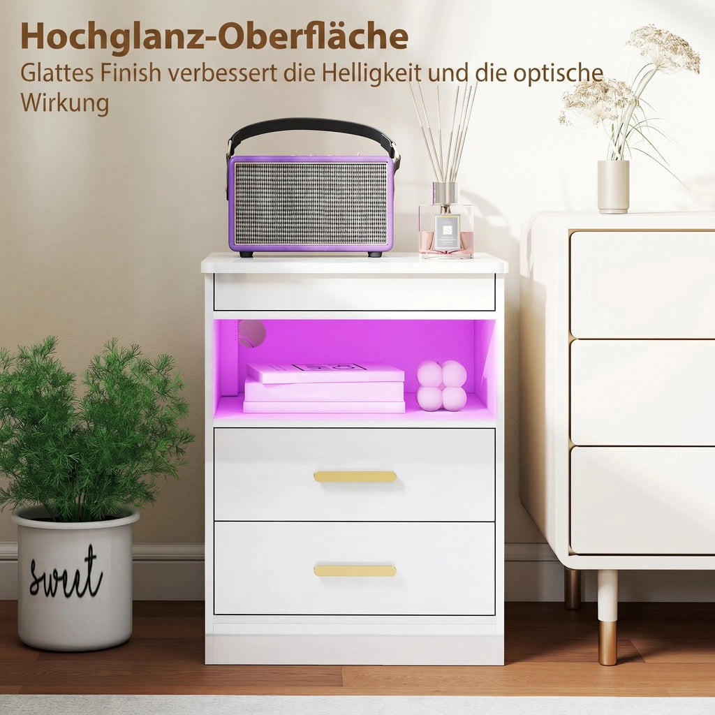 Naktinis stalelis su įkrovimo stotele ir RGB LED apšvietimu, baltas blizgus