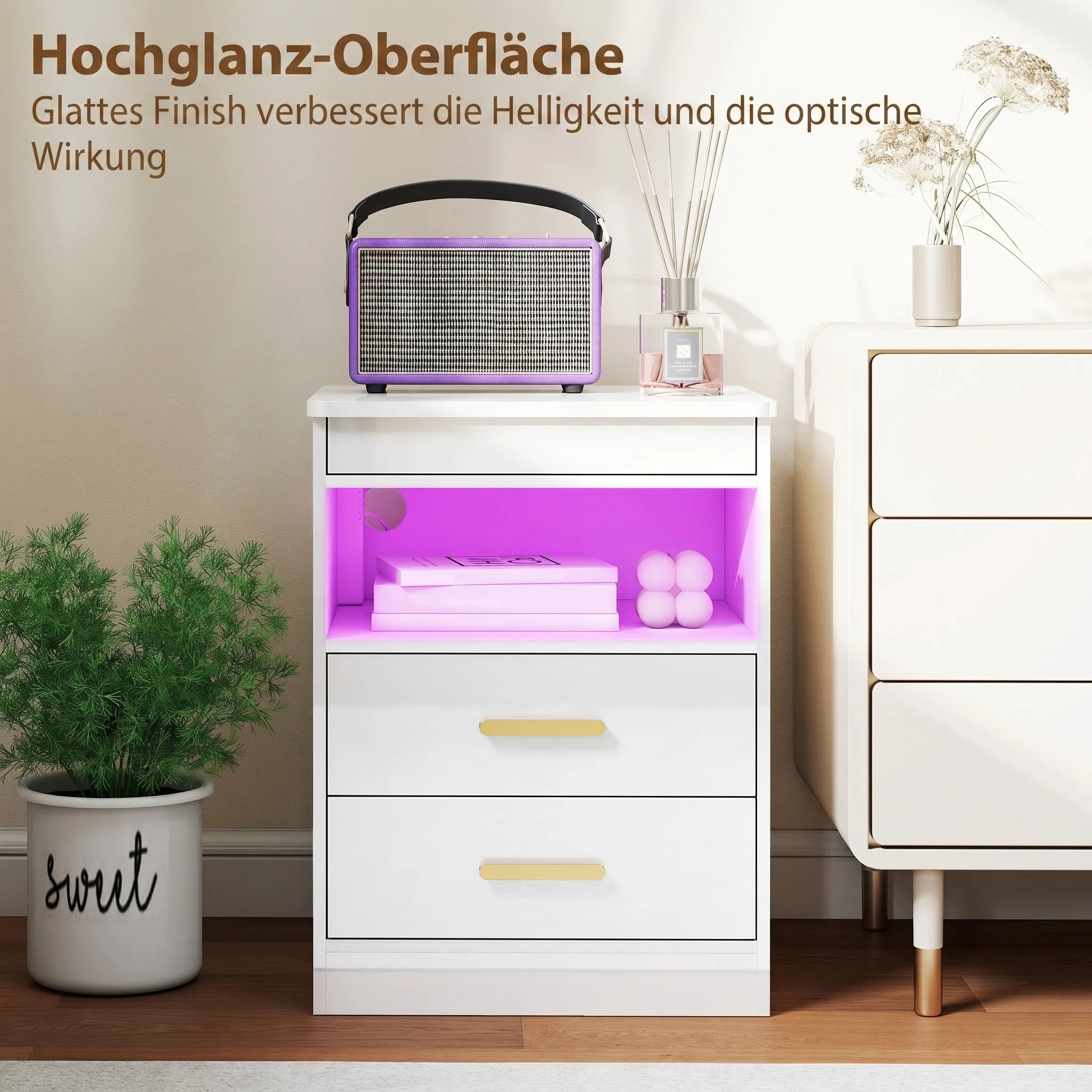 Naktinis stalelis su įkrovimo stotele ir RGB LED apšvietimu, baltas blizgus