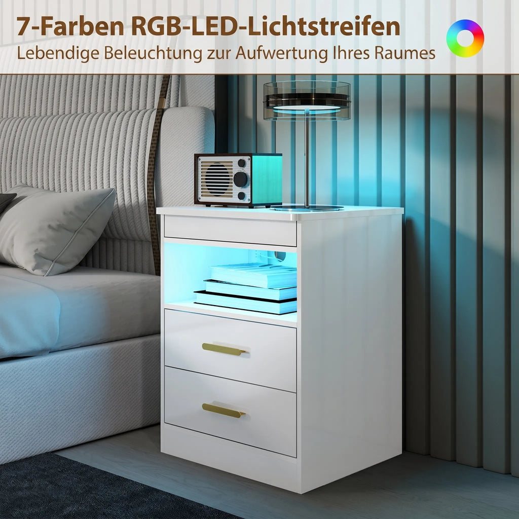 Naktinis stalelis su įkrovimo stotele ir RGB LED apšvietimu, baltas blizgus