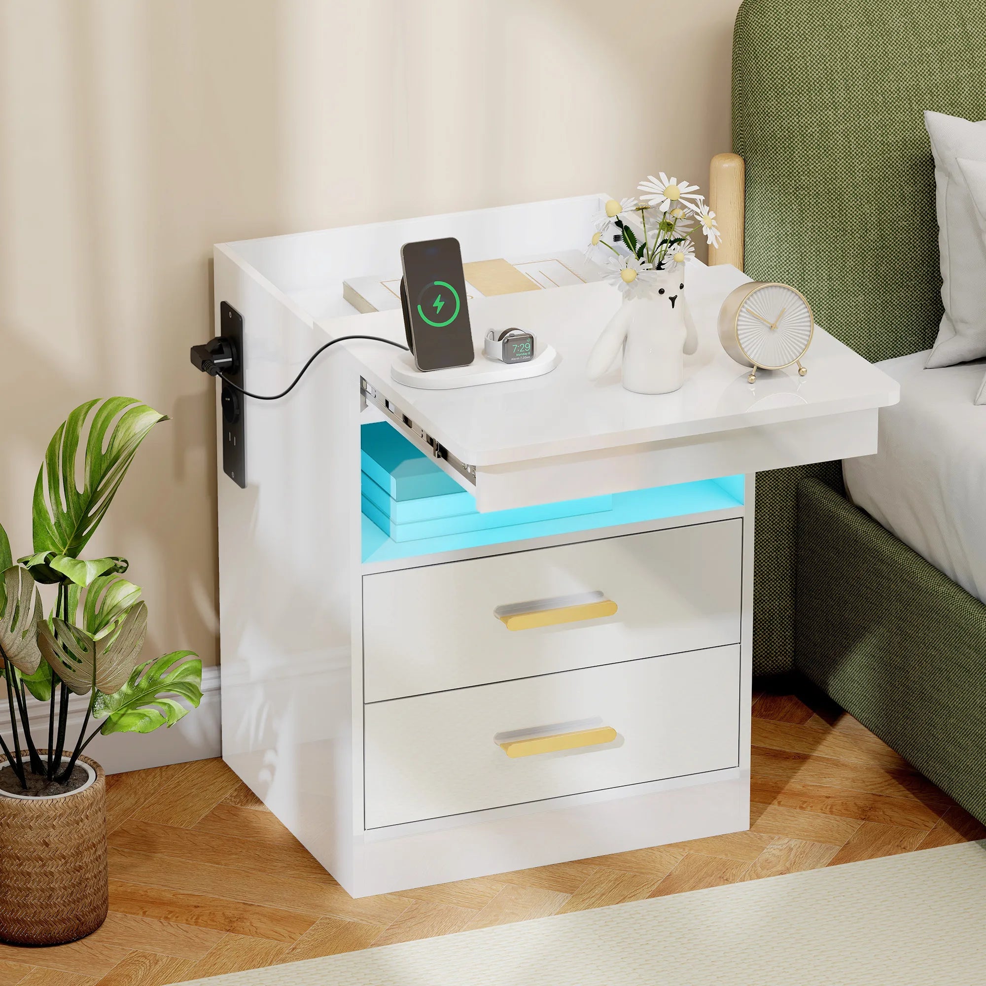 Naktinis staliukas su įkrovimo stotele ir RGB LED apšvietimu, baltas blizgus