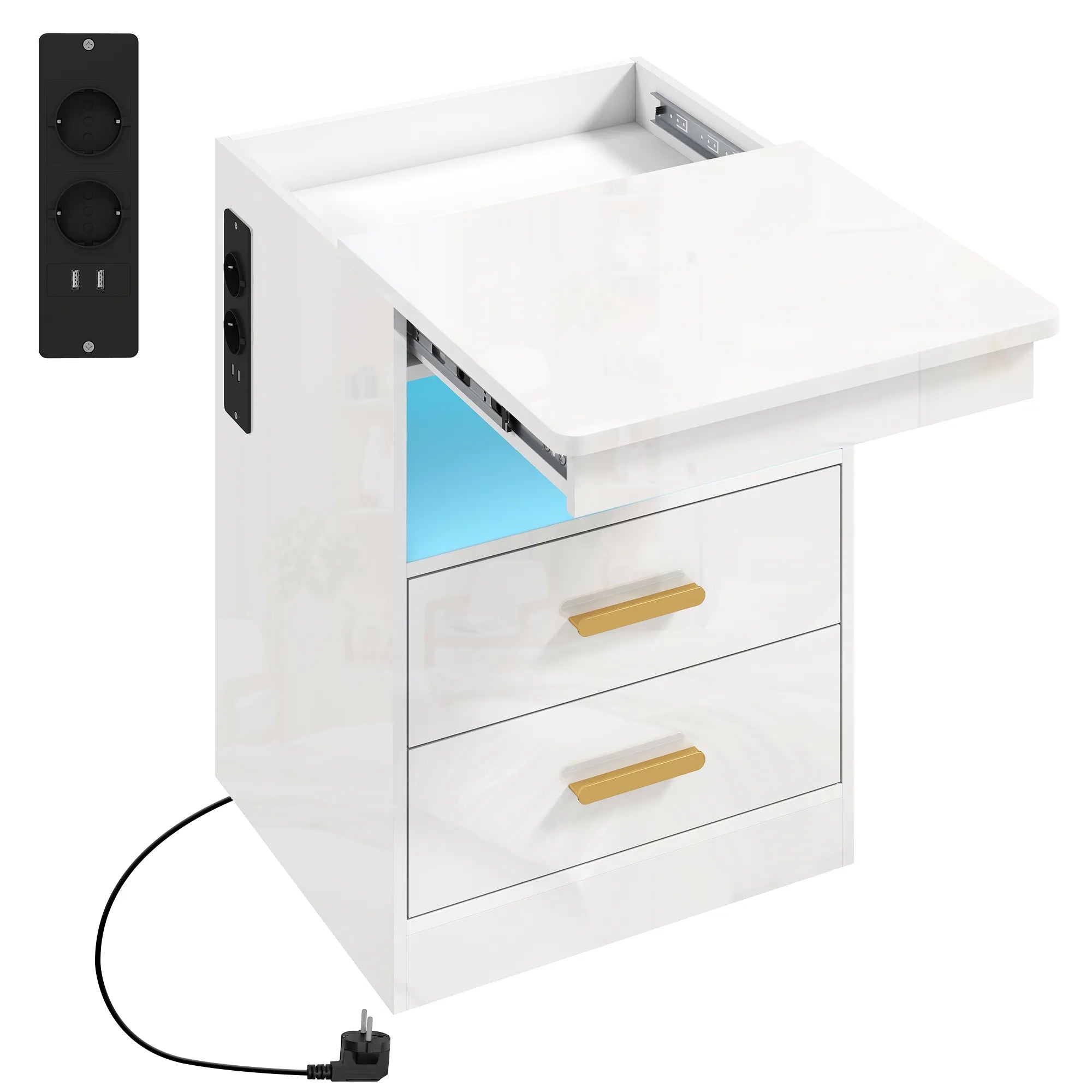 Naktinis staliukas su įkrovimo stotele ir RGB LED apšvietimu, baltas blizgus