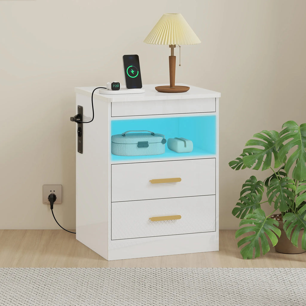 Naktinis staliukas su įkrovimo stotele ir RGB LED apšvietimu, baltas blizgus