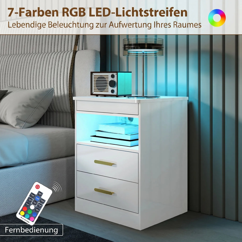 Naktinis staliukas su įkrovimo stotele ir RGB LED apšvietimu, baltas blizgus