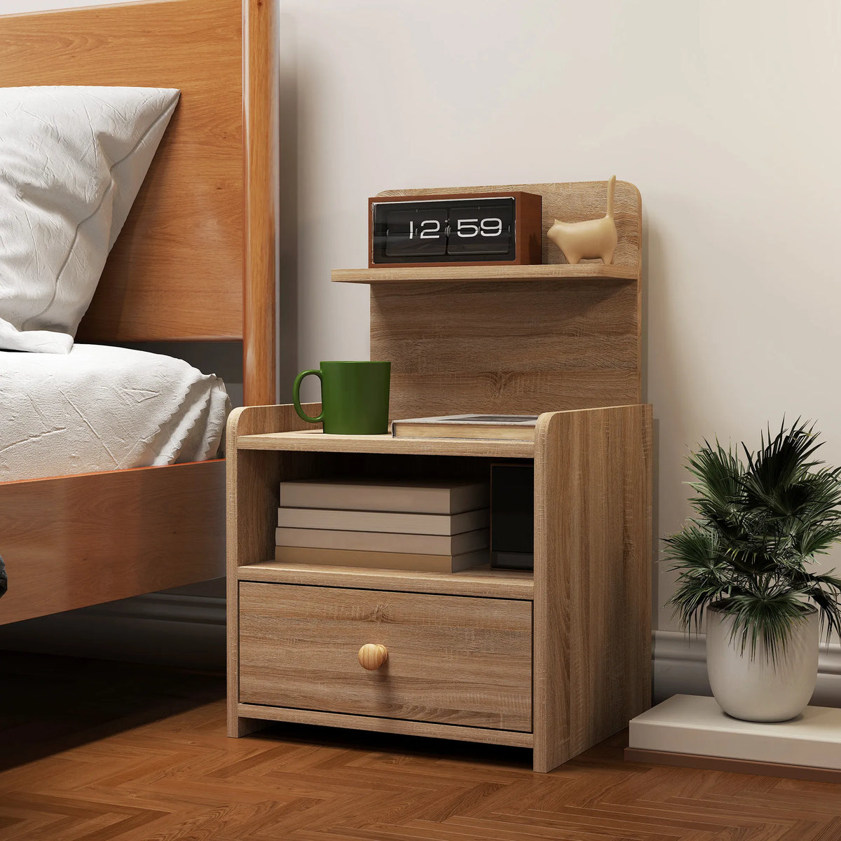 Naktinis staliukas su stalčiumi ir lentyna, 40 × 35 × 66 cm, natūralios medienos