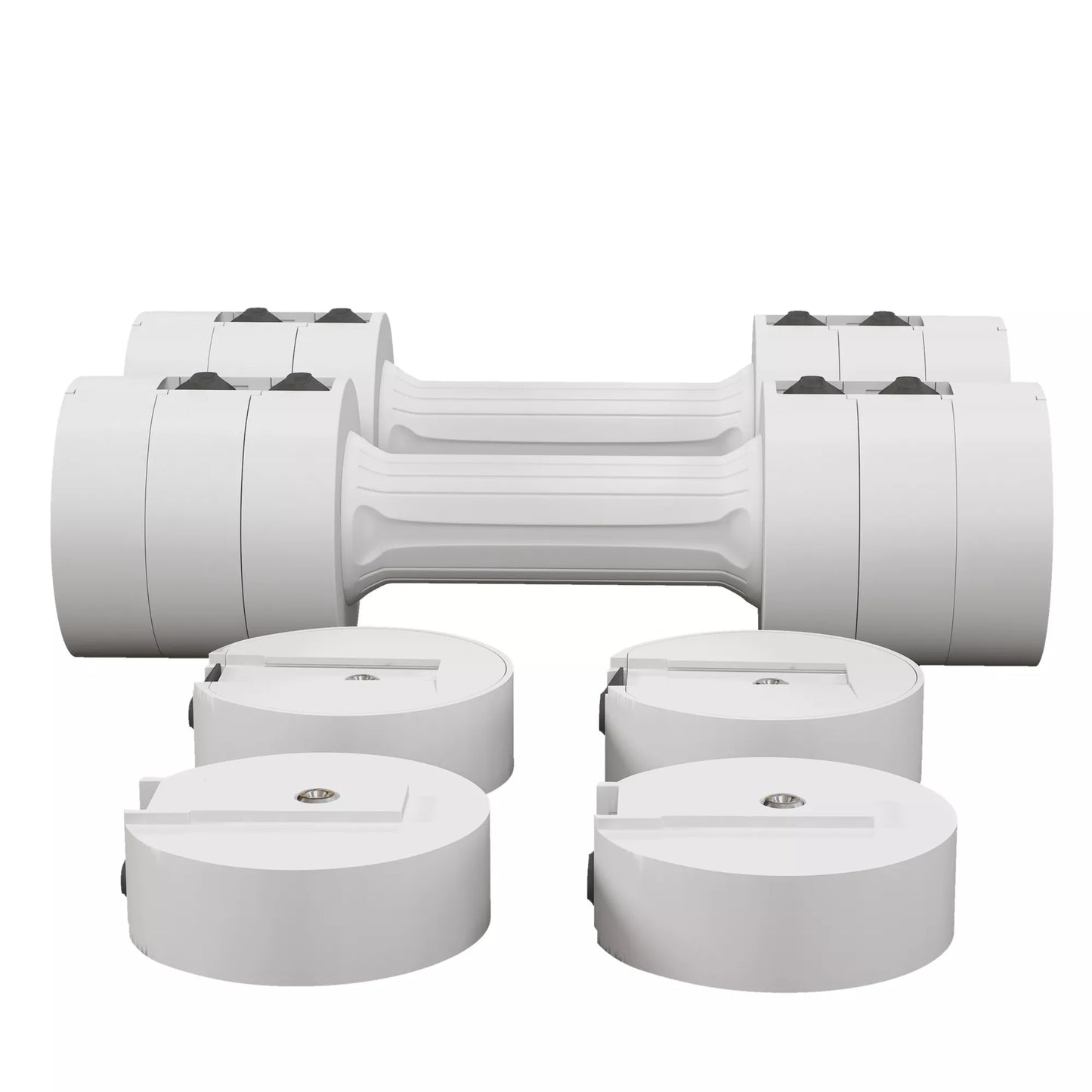 2 x 2,5 kg hanteliai su reguliuojamu svoriu, plastikiniu korpusu, balti