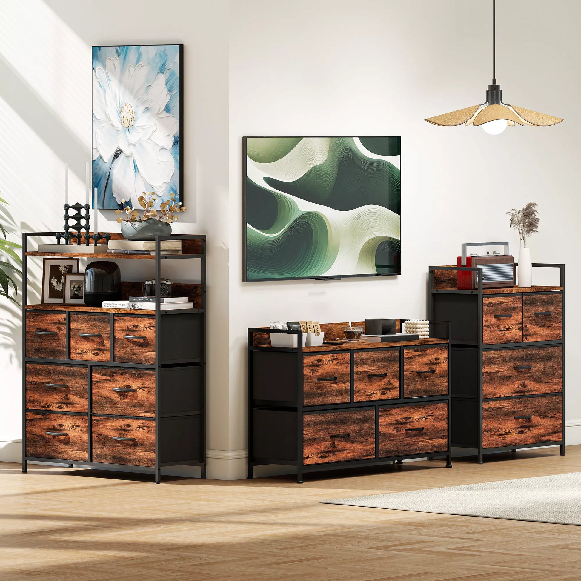 Komoda su sulankstomais audinio stalčiais, melamino mediena, plieninis rėmas, ruda