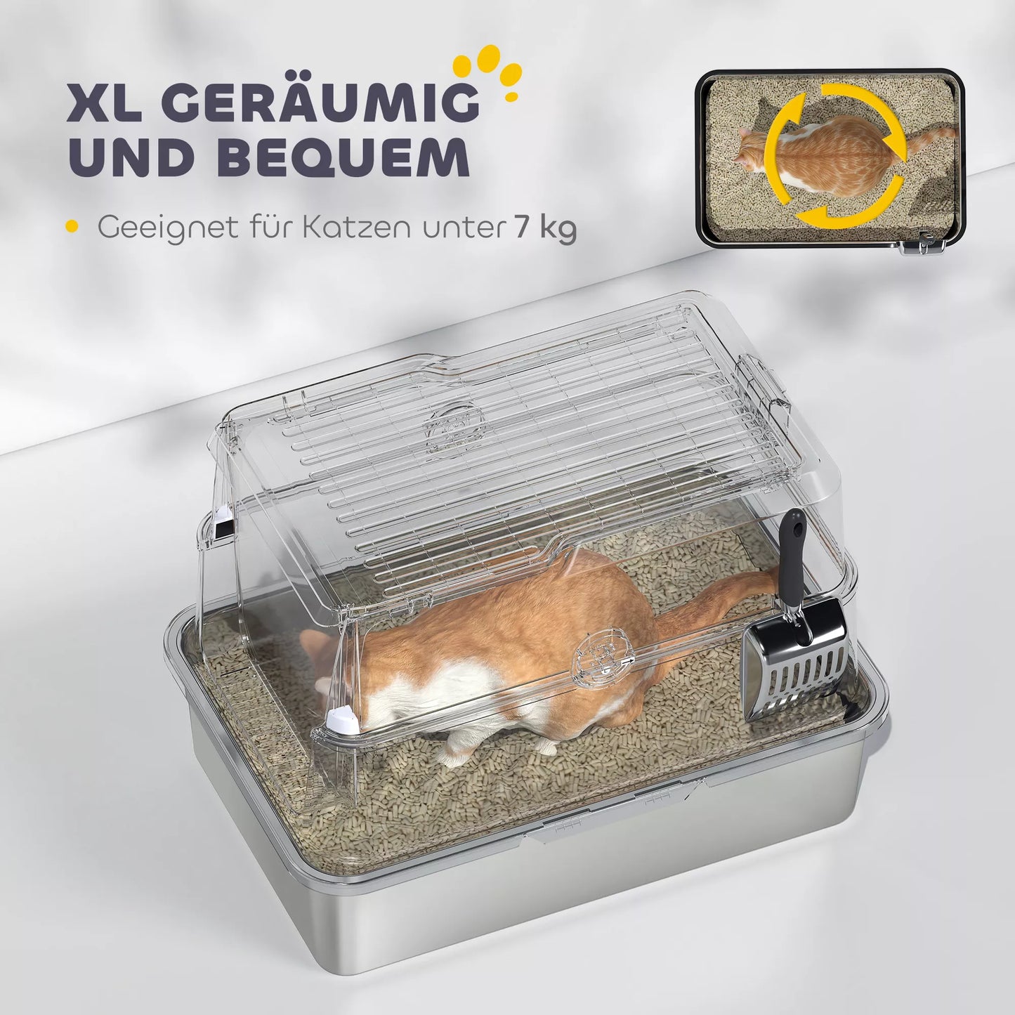 Kačių tualetas, nerūdijančio plieno, XL vidaus erdvė, su kastuvėliu, šviesiai pilkas