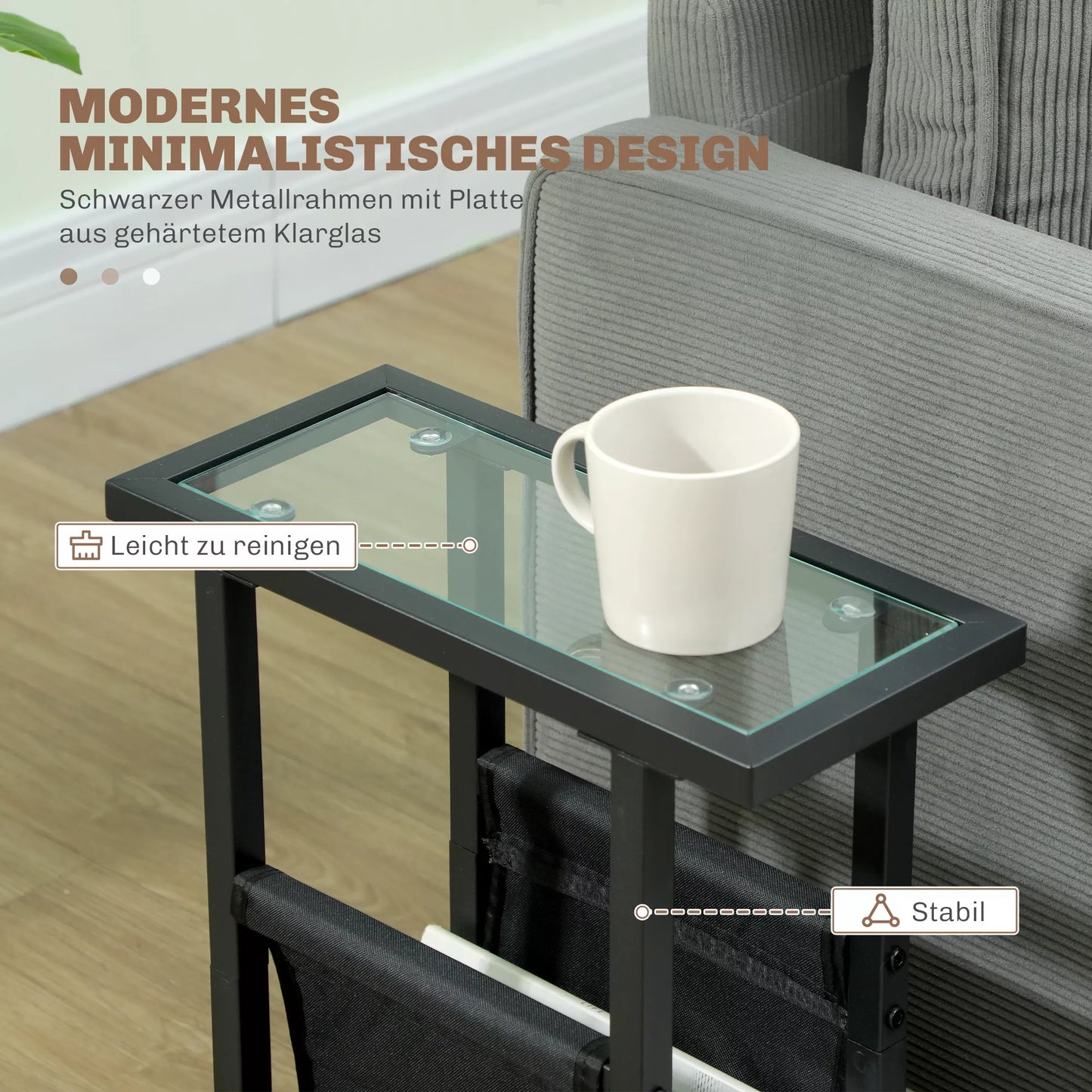 Pagalbinis metalinis staliukas su medžiaginiu skyriumi ir stikliniu paviršiumi, siauras staliukas svetainei, miegamajam, juodas