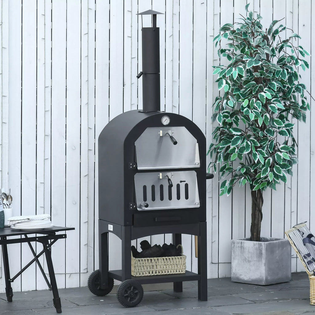 2-in-1 lauko picų krosnelė su ratukais Grilio krosnelė su apsauginiu dangčiu Picų mentė 2 grilio tinklai Grilio vežimėlis su kaminu 3 pakopų medinė krosnelė BBQ plieninė juoda + sidabrinė 63 x 54 x 161 cm