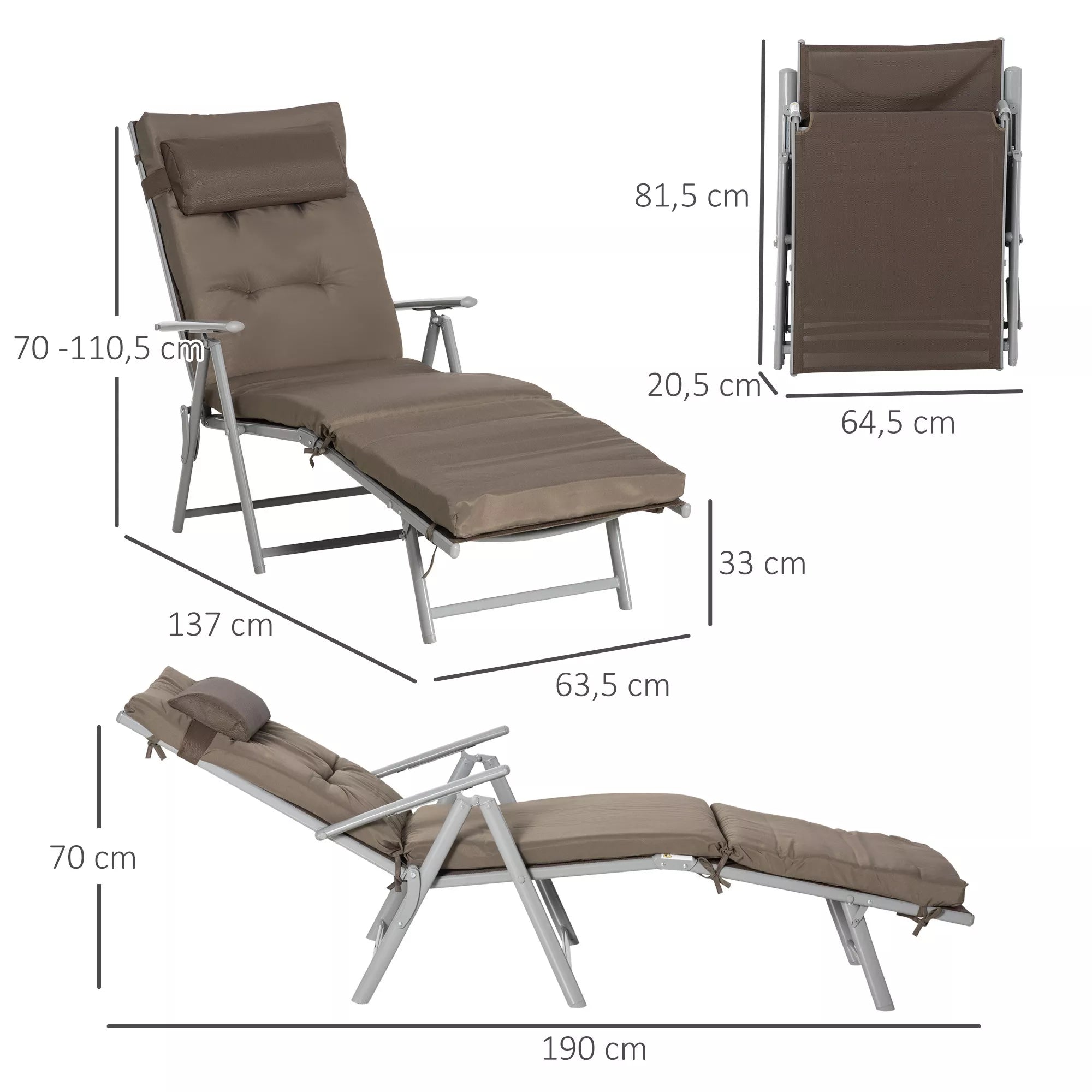 Matmenų schema: atlošo aukštis reguliuojamas 70-110,5 cm, gulto ilgis 137 cm, plotis 63,5 cm, kojų aukštis 33 cm; sulankstytas dydis 81,5x64,5x20,5 cm; bendras ilgis 190 cm, aukštis 70 cm.