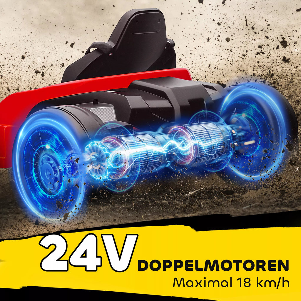 24V elektrinis kartingas, dreifo režimas, reguliuojama sėdynė, 5 taškų saugos diržas, muzikos funkcija, garso signalas, 6-12 metų, raudonos spalvos