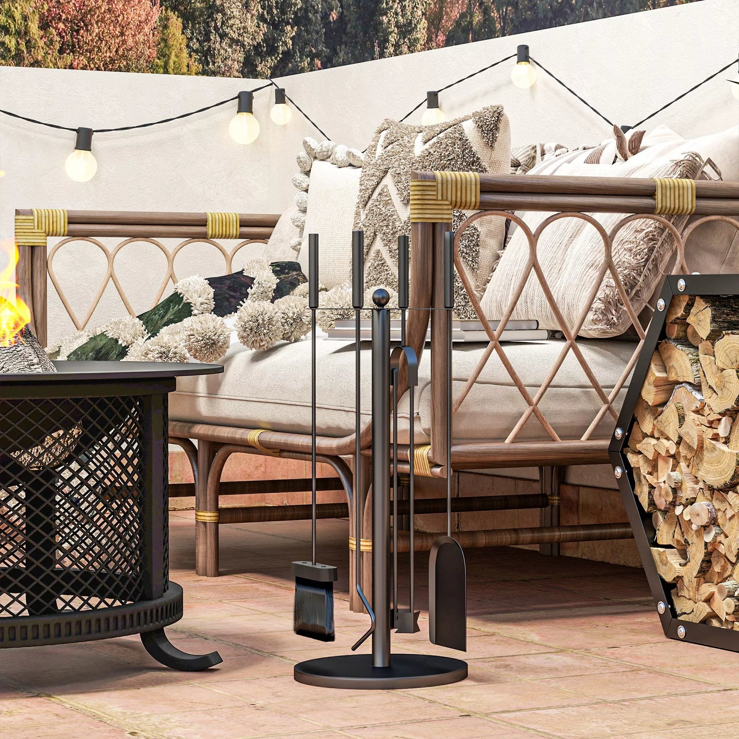 Židinio įrankių rinkinys, 5 dalių, šepetys, kastuvas, žnyplės, angliaraktis ir stovas, ugniai atsparus metalas, juodas