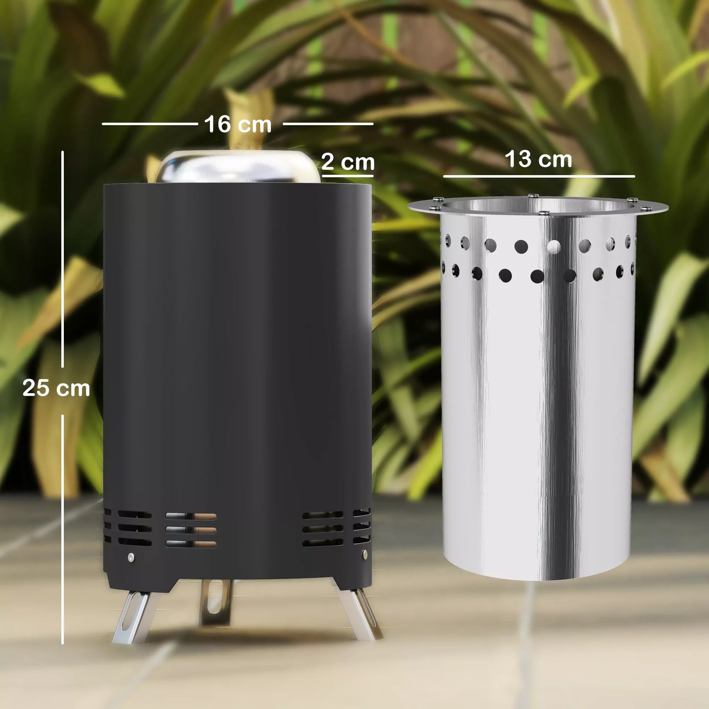 Lauko židinys Ø16x25cm, nerūdijančio plieno, su semtuvu, nekenksmingas dūmams, pilkas