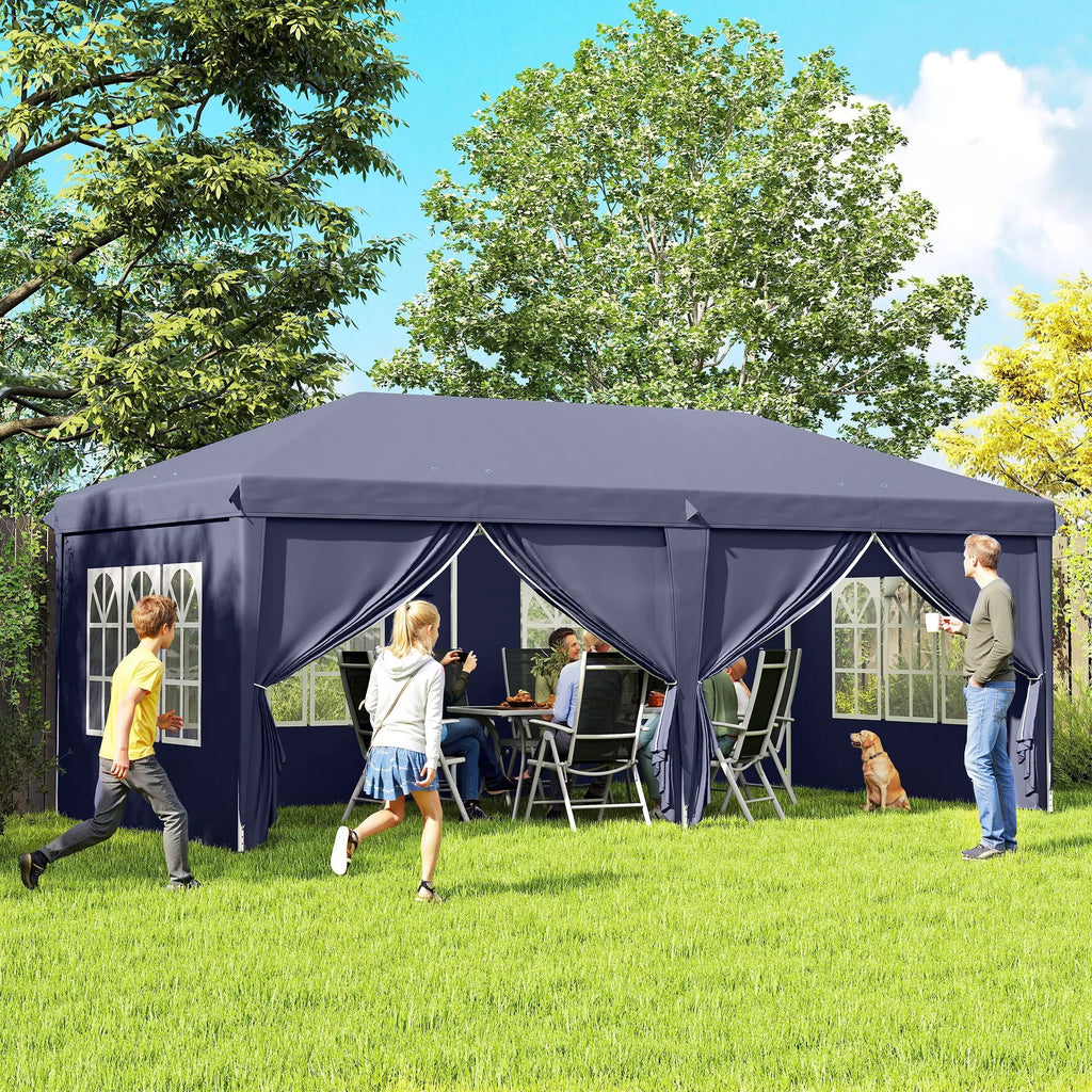 Sulankstomas paviljonas 6 x 3 m, nuimamos šoninės sienos, dideli langai, užtrauktukinės durys, plieninis rėmas, mėlynos spalvos