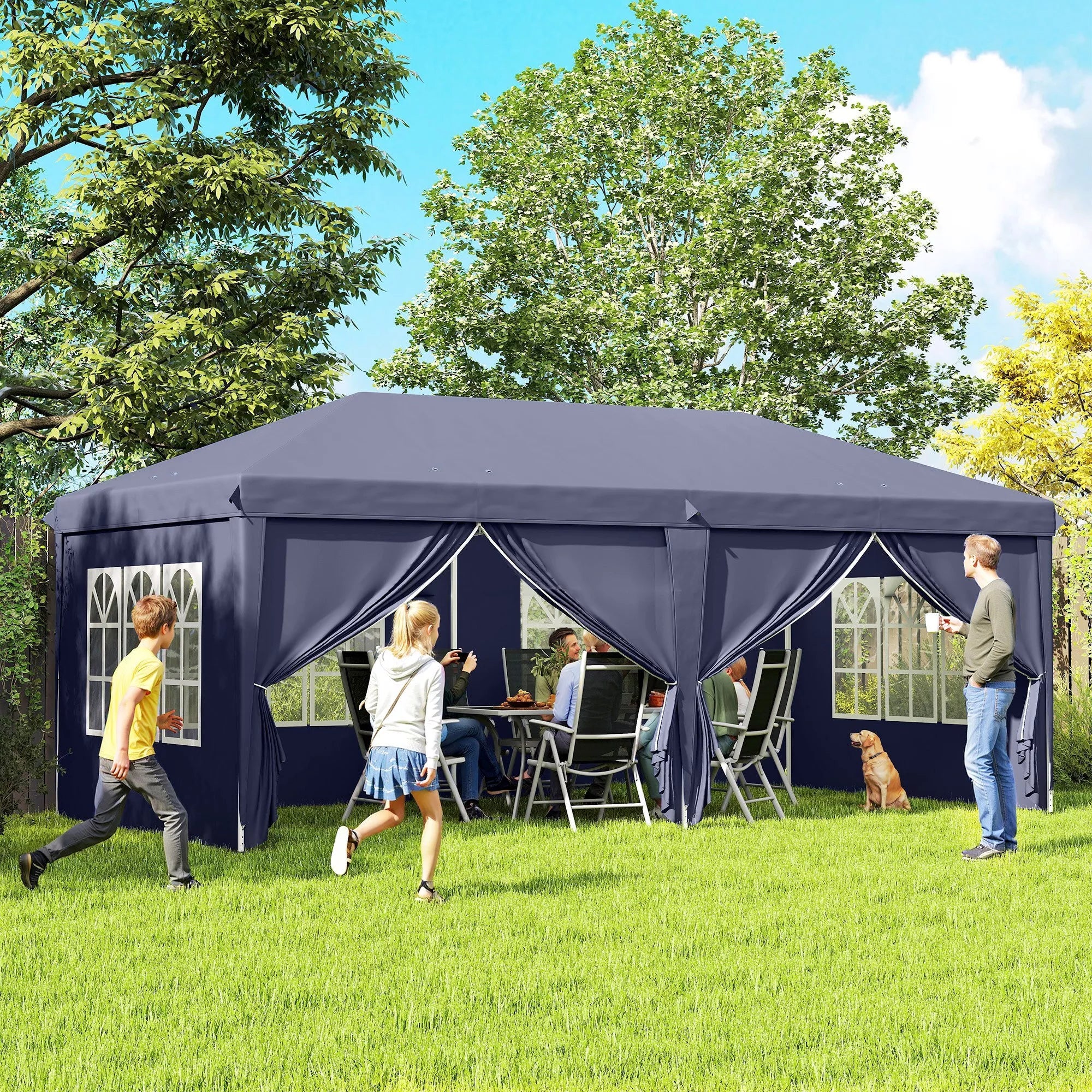 Sulankstomas paviljonas 6 x 3 m, nuimamos šoninės sienos, dideli langai, užtrauktukinės durys, plieninis rėmas, mėlynos spalvos