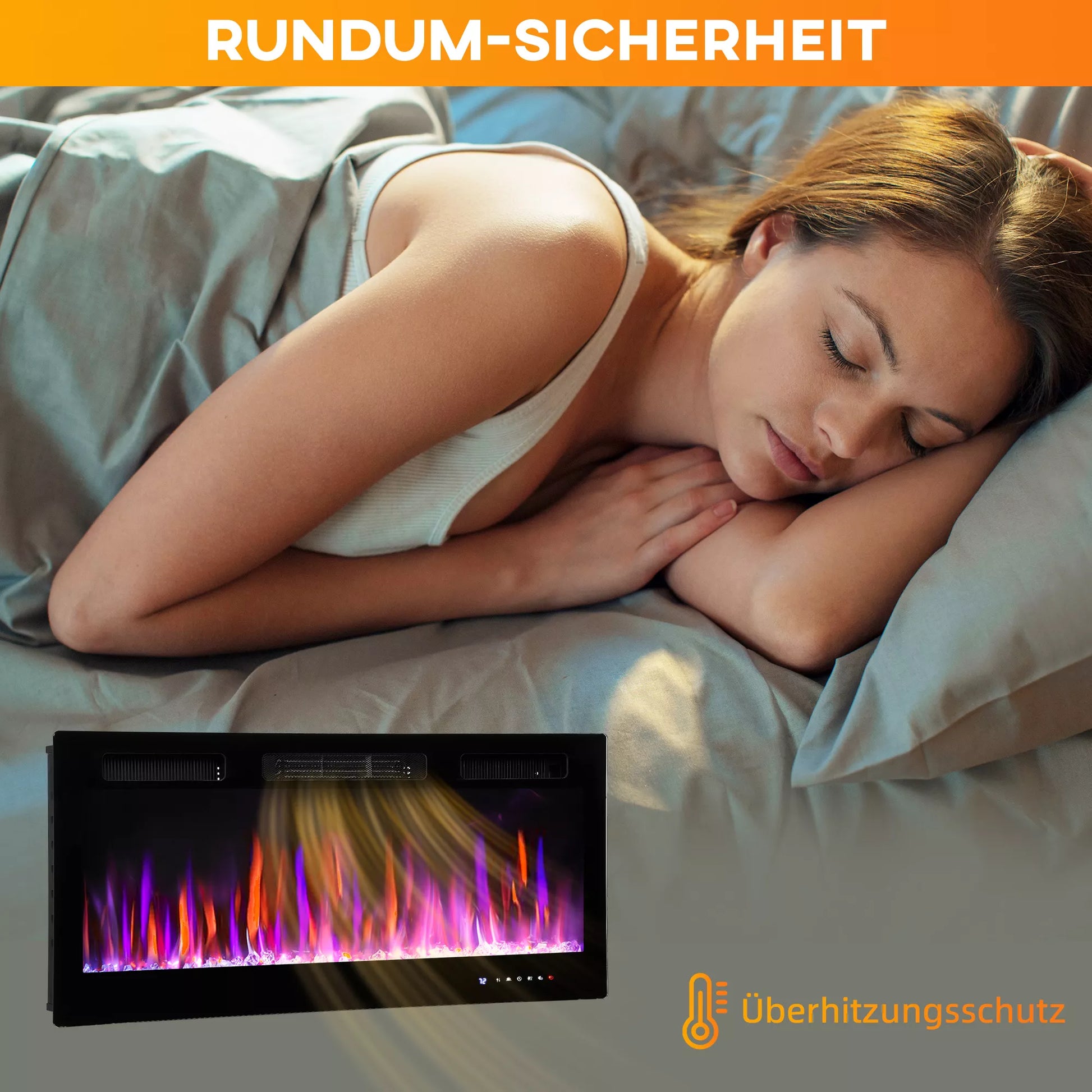 Elektrinis židinys, montuojamas prie sienos, reguliuojama liepsna, termostatas, laikmatis, plienas, juodas