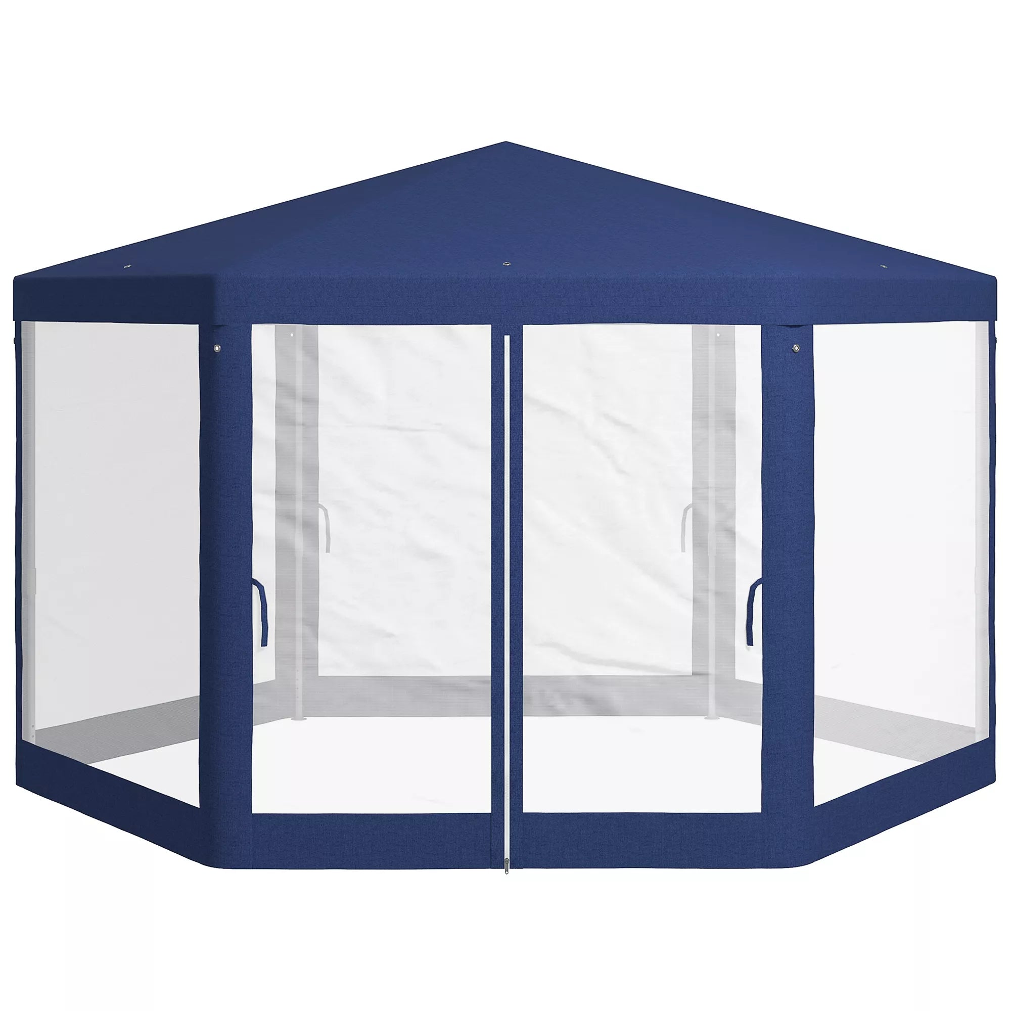 Sodo paviljonas, šešiakampis, tinklinės užuolaidos, metalinis rėmas, 3,94 x 3,412 x 2,5 m, mėlynas