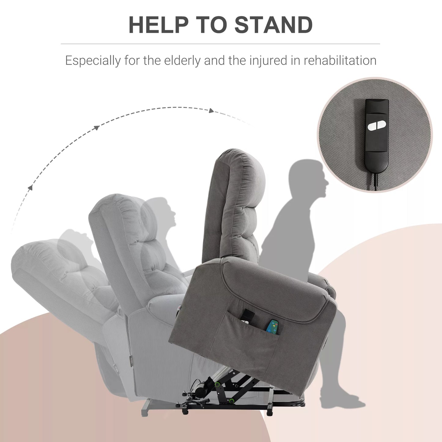 HOMCOM Elektrinis fotelis su pagalba atsistojant, masažinis fotelis su gulėjimo ir šildymo funkcijomis, poilsio fotelis su nuotolinio valdymo pulteliu ir šonine kišene, reguliuojamas, poliesterio audinys, tamsiai pilkos spalvos