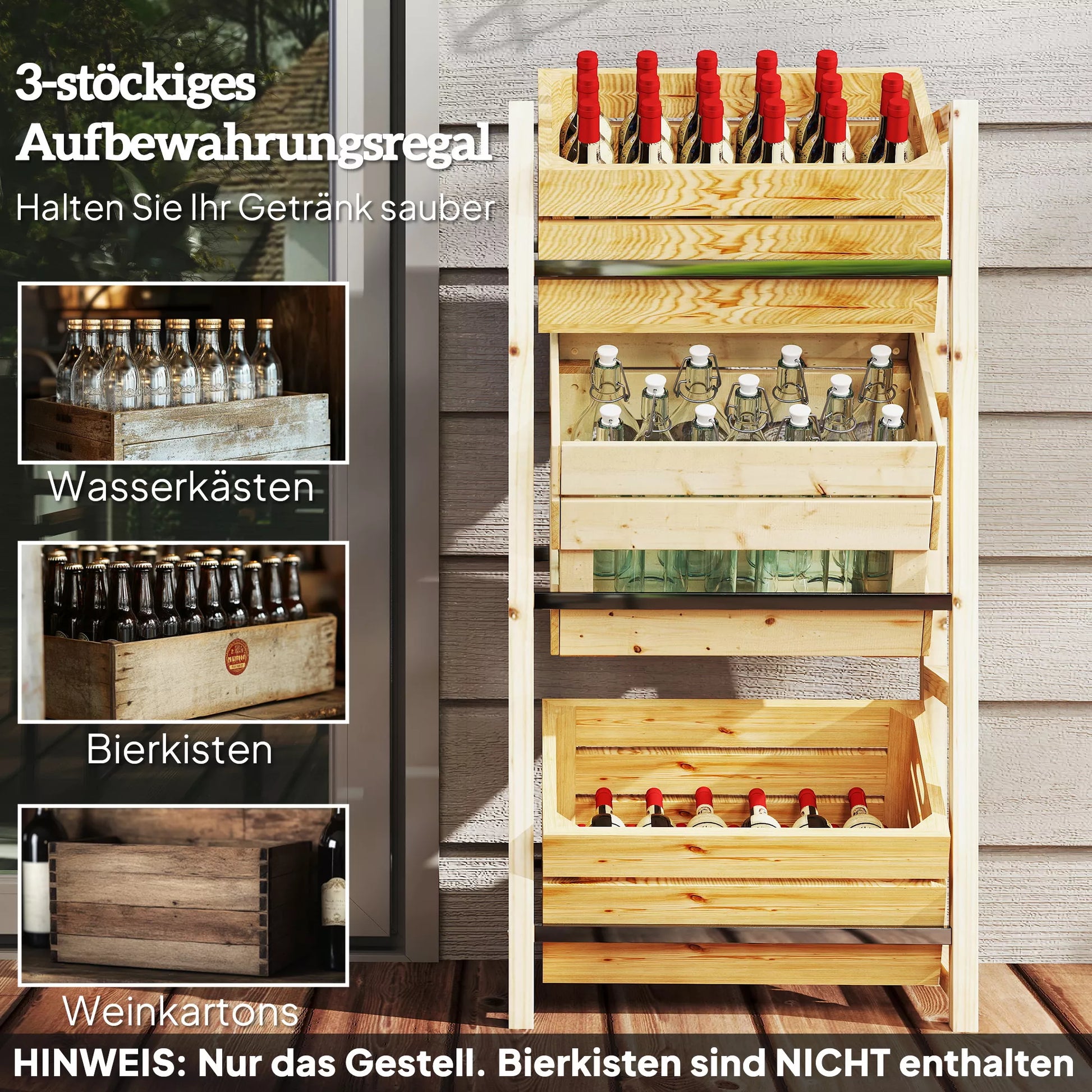 Gėrimų dėžių lentynos 3 gėrimų dėžėms Gėrimų lentynos Medinės dėžių lentynos su 3 lygiais 56 x 32 x 112 cm Natūralaus medžio