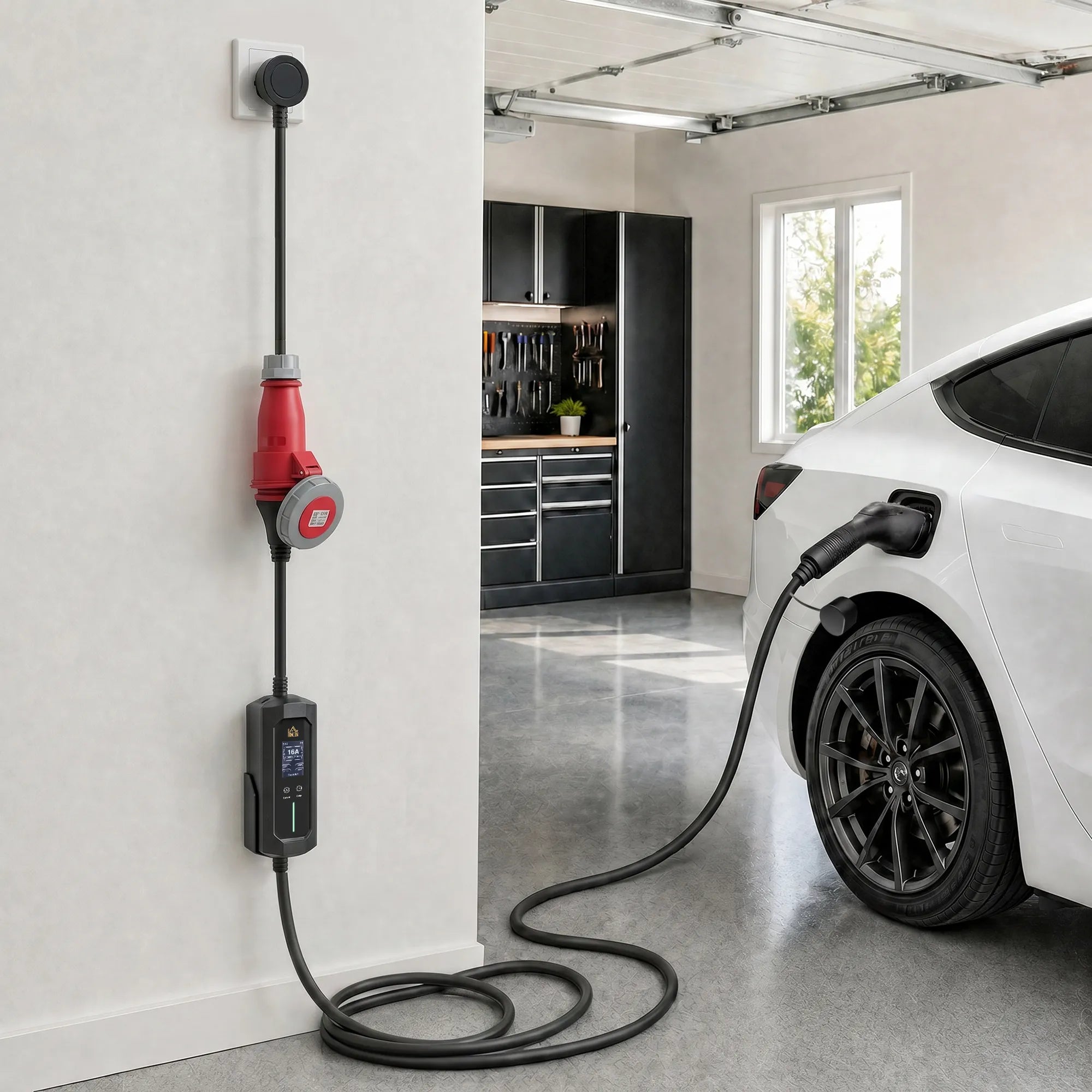 Nešiojama elektromobilių įkrovimo stotelė, 11 kW, 8 m, 2 tipo jungtis, juoda