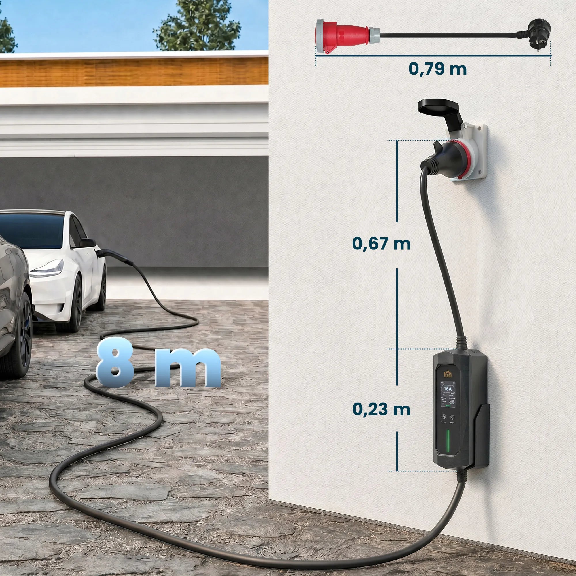 Nešiojama elektromobilių įkrovimo stotelė, 11 kW, 8 m, 2 tipo jungtis, juoda