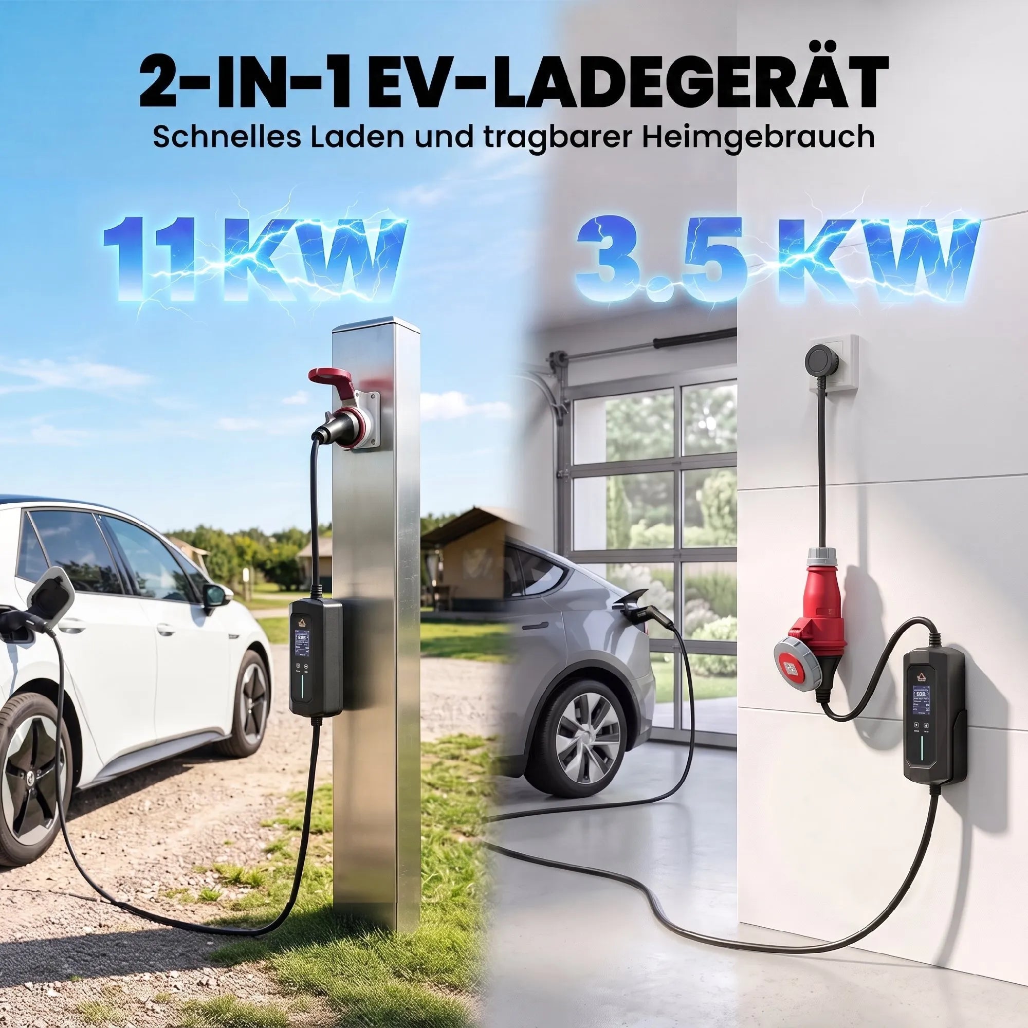 Nešiojama elektromobilių įkrovimo stotelė, 11 kW, 8 m, 2 tipo jungtis, juoda