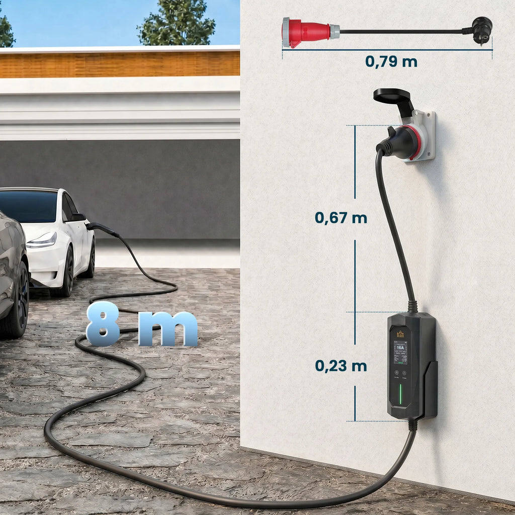 Nešiojama elektromobilių įkrovimo stotelė, 11 kW, 8 m, 2 tipo jungtis, juoda