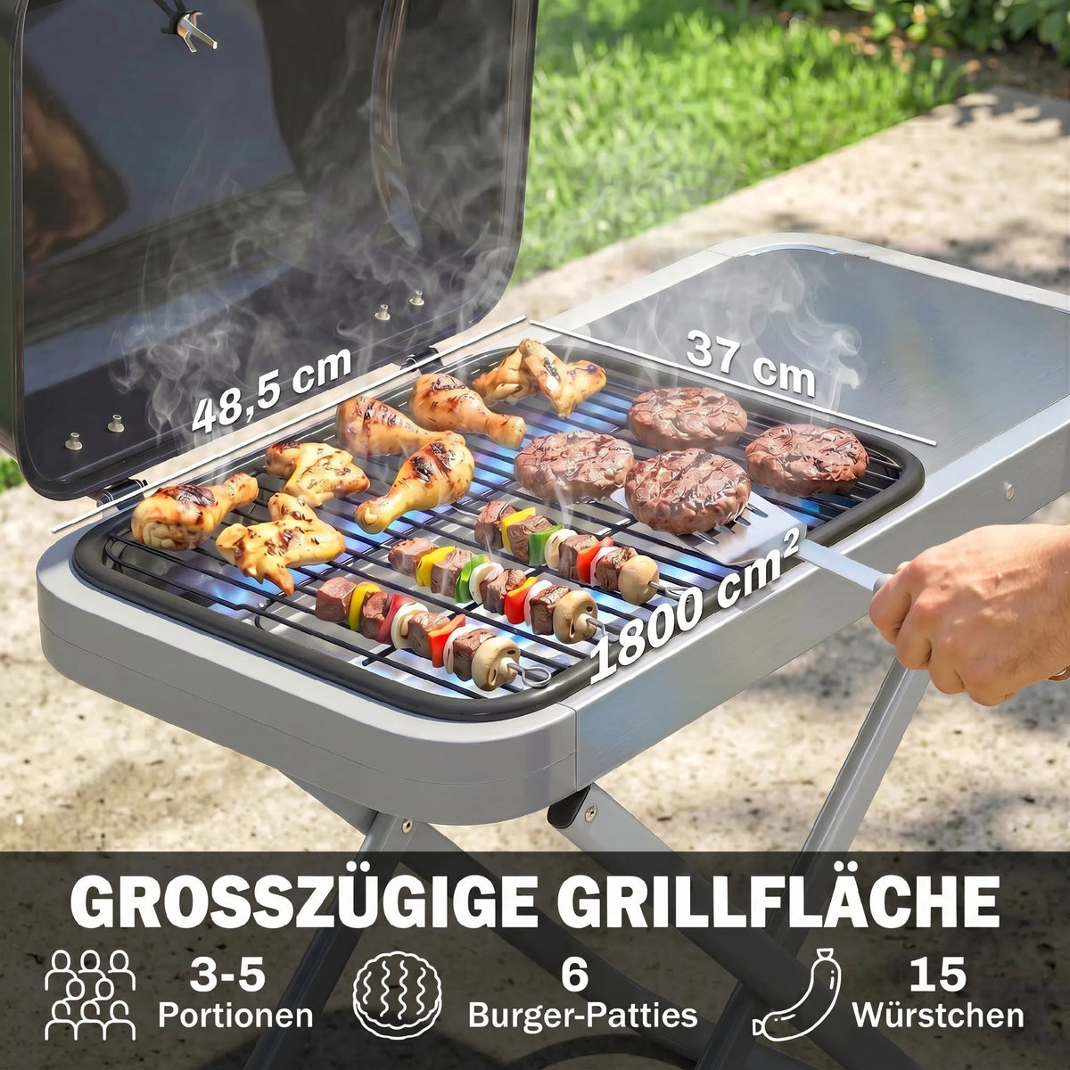 Nešiojamas dujinis grilis 2,5kW su ratukais ir sulankstomu padėklu juodas
