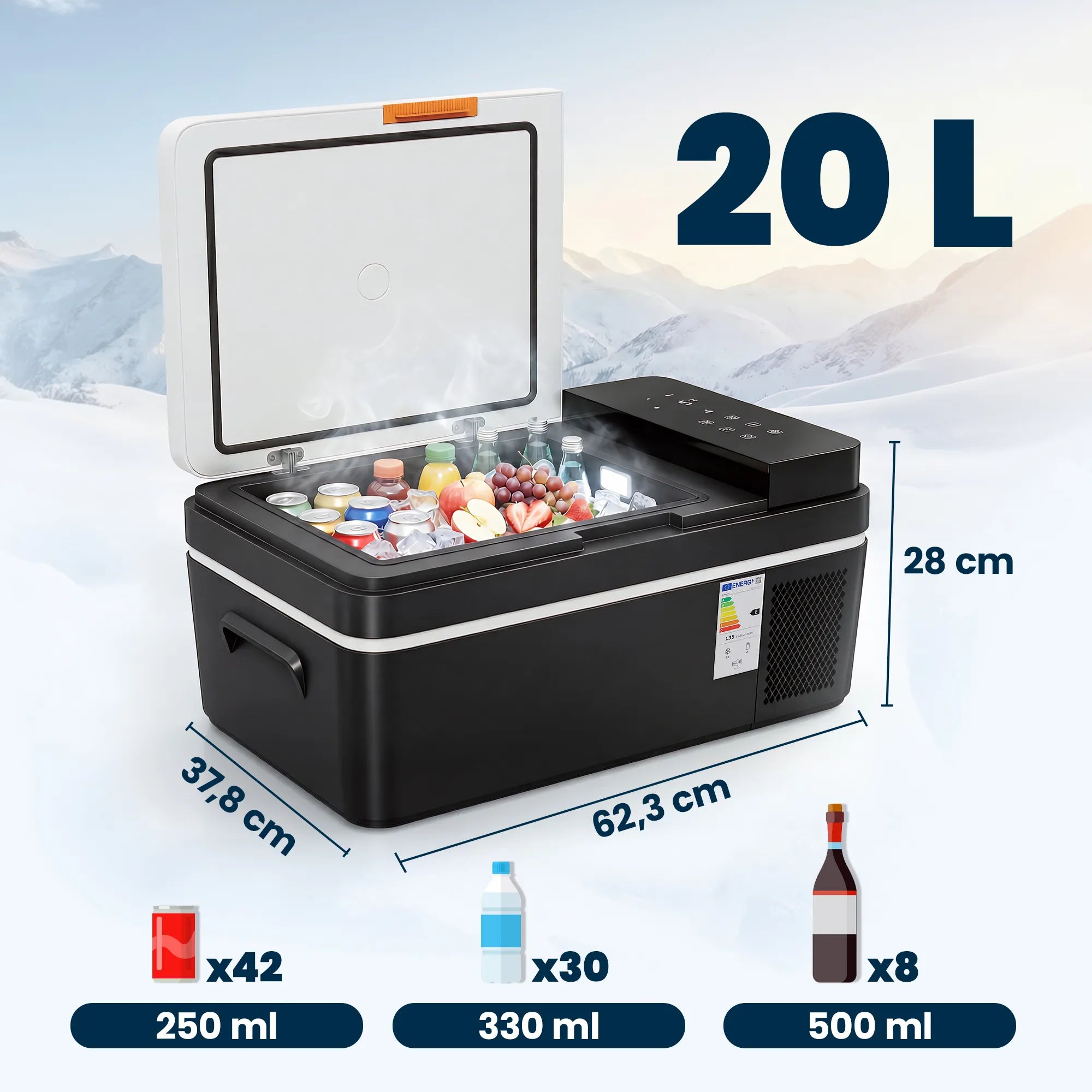 Nešiojamas šaldytuvas 20L su kompresoriumi ir programėle, juodas