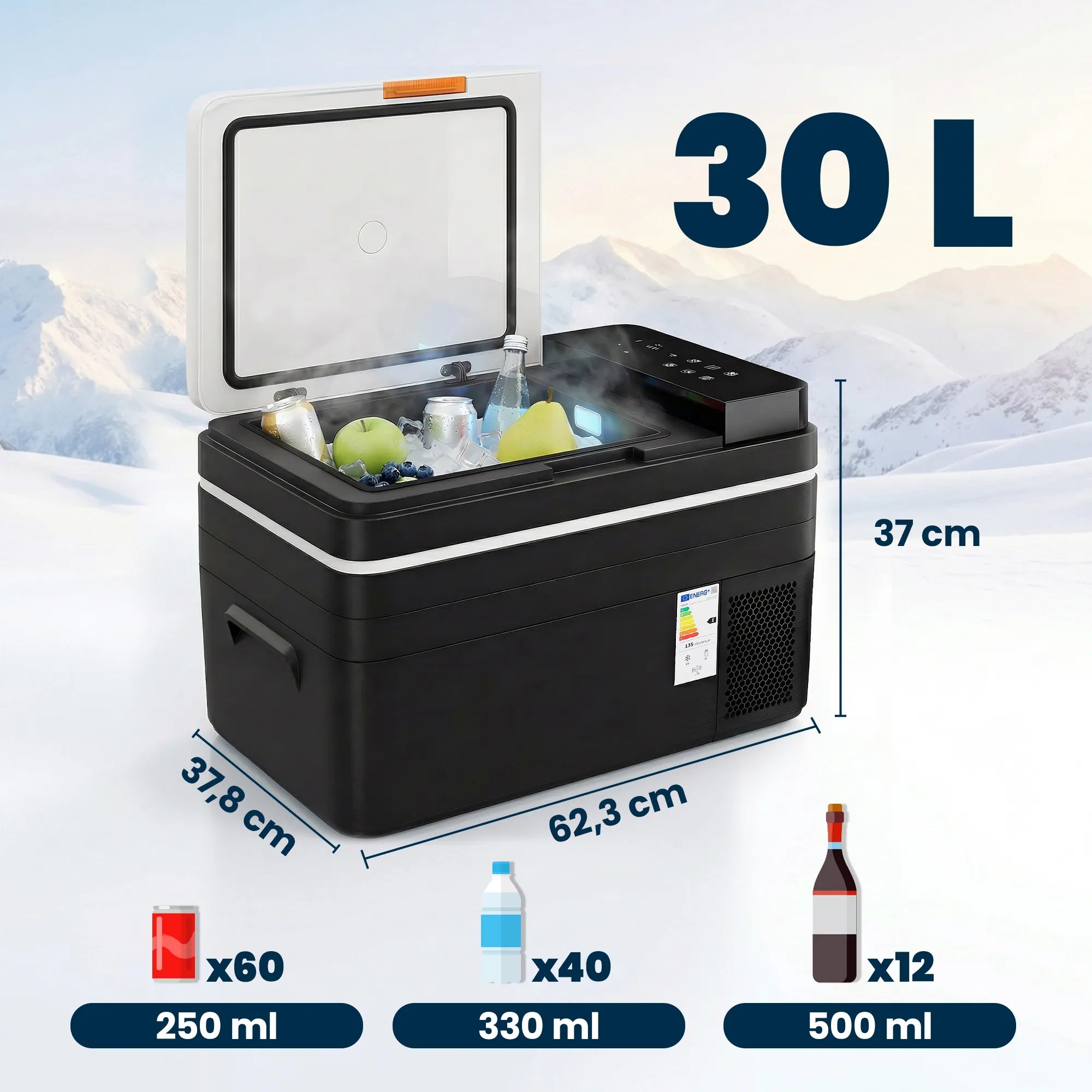Nešiojamas šaldytuvas 30L su LED apšvietimu, juodas