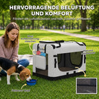 Šuo geria vandenį iš sulankstomo dubenėlio prie krepšio su tinkleliu