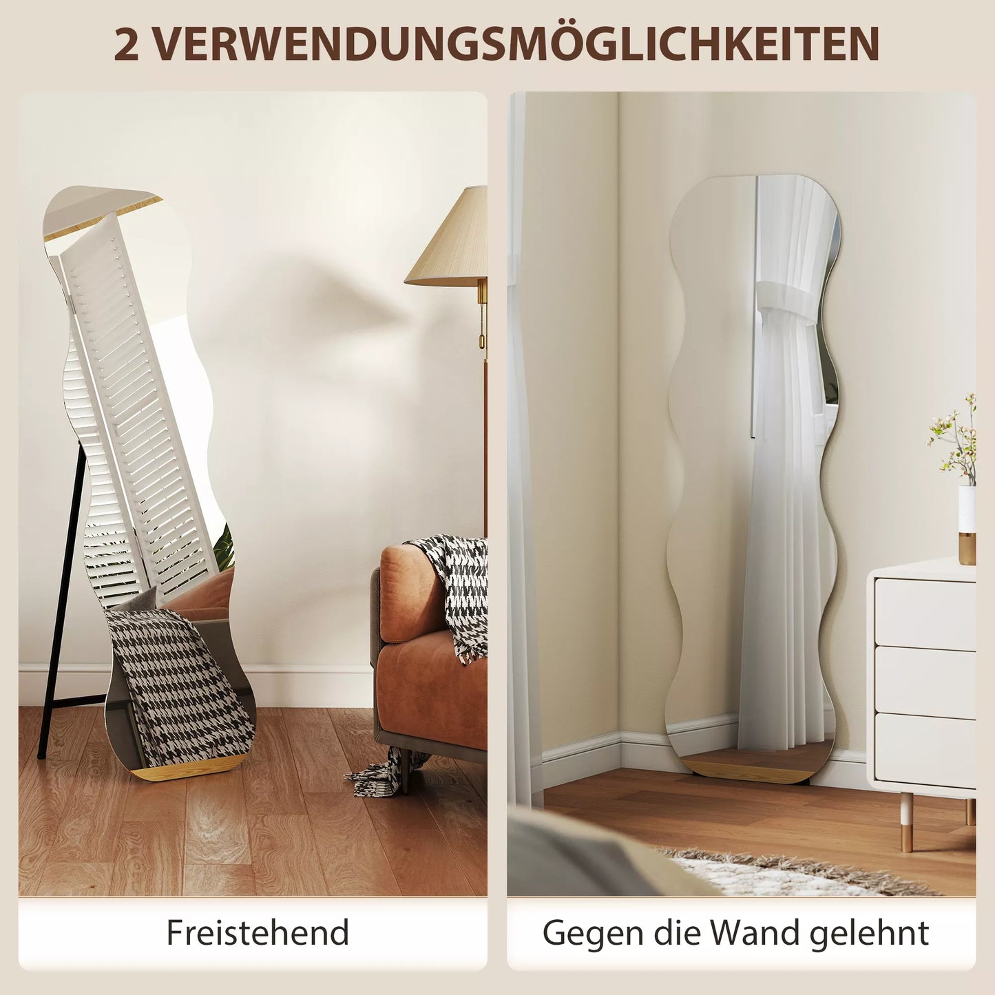 Viso kūno veidrodis be rėmo, su mediniu pagrindu, lanksčiai pastatomas, bangos formos, juodas.