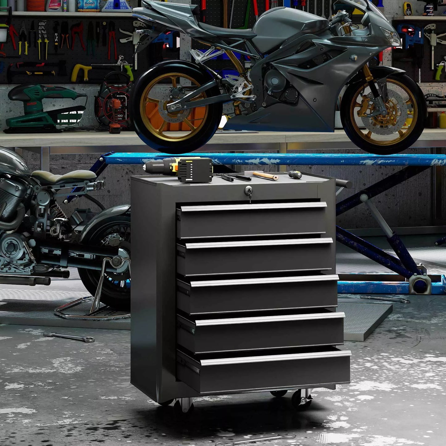 Ratinė įrankių dėžė/spintelė su 5 stalčiais, plieninė, juoda