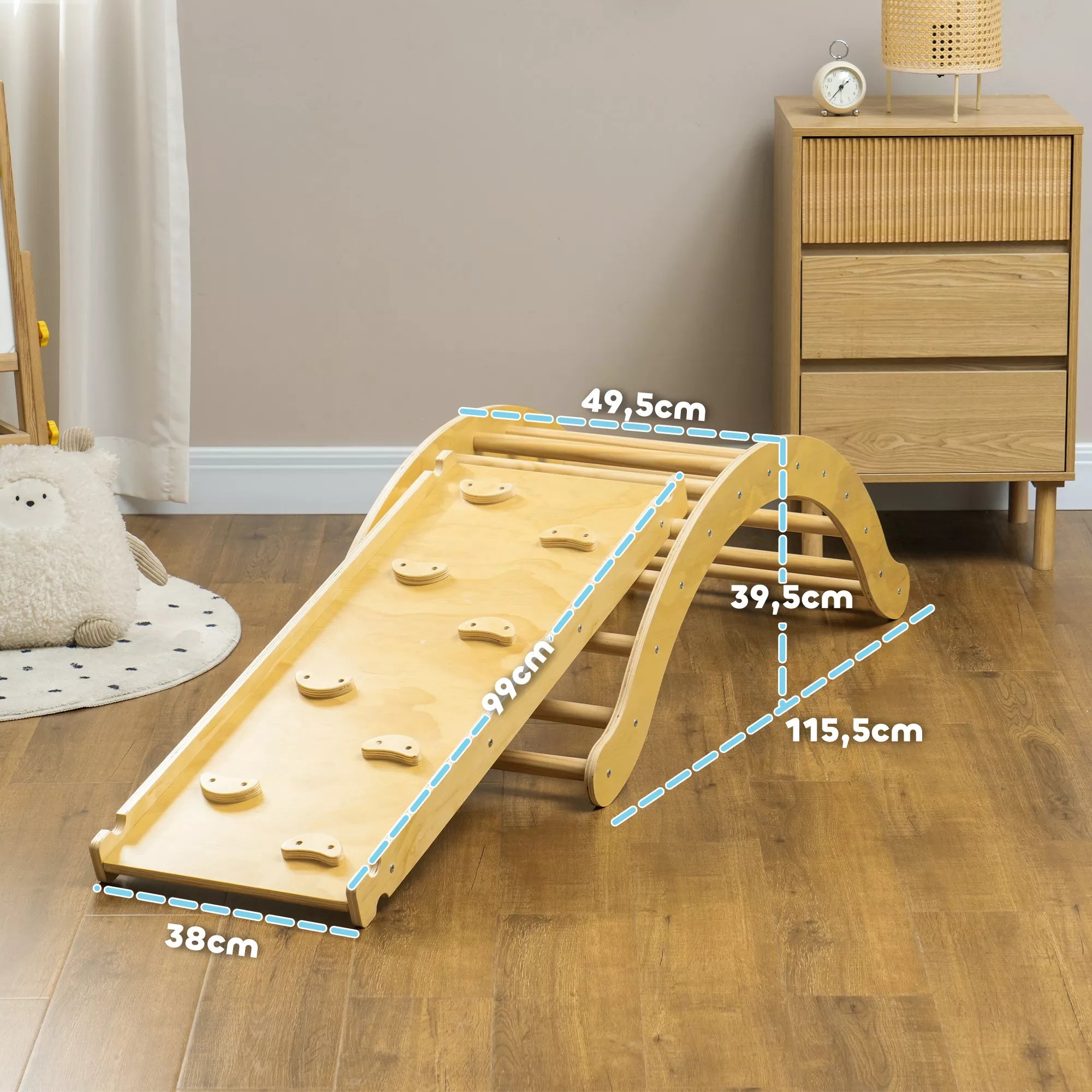 Vaikų laipiojimo rinkinys, 4-in-1 dizainas su lankuotu tiltu, sūpynėmis, pagalvėlėmis, čiuožykla, skirtas naudoti patalpose, pagamintas iš medžio