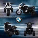Juodai baltas vaikų BMW motociklas iš priekio ir galo