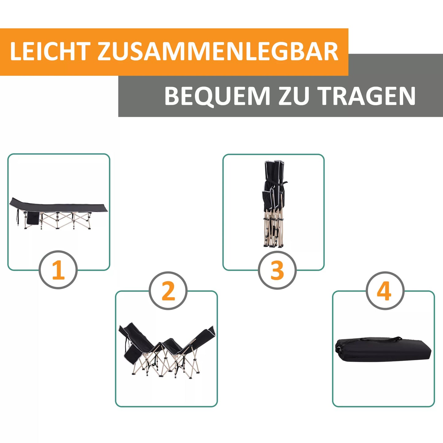 Lauko lova, stovyklos lova, sulankstoma, atspari oro sąlygoms, su nešiojimo krepšiu, 190 x 68 x 52 cm, juoda