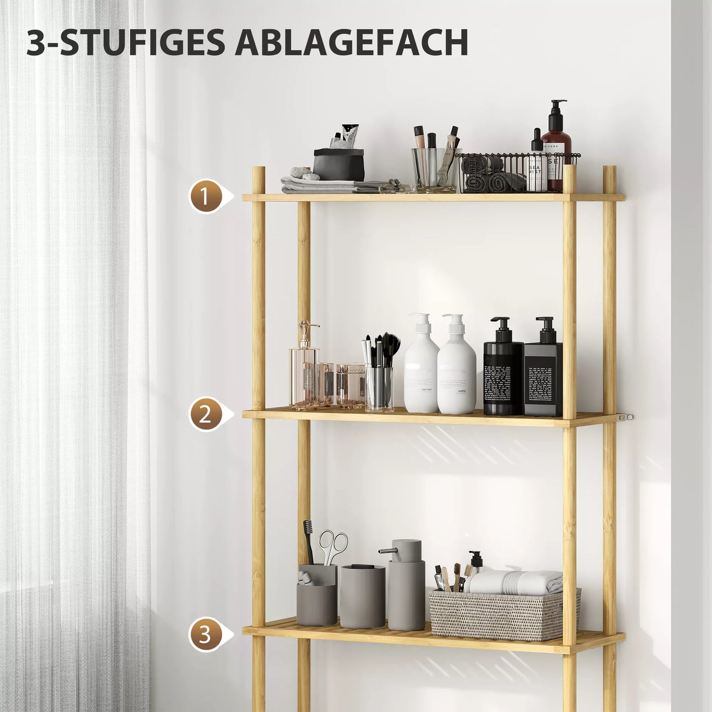 Tualeto lentyna 3 lygmenų Vonios lentyna, vietą taupantis natūralaus medžio 69 x 25,5 x 181 cm