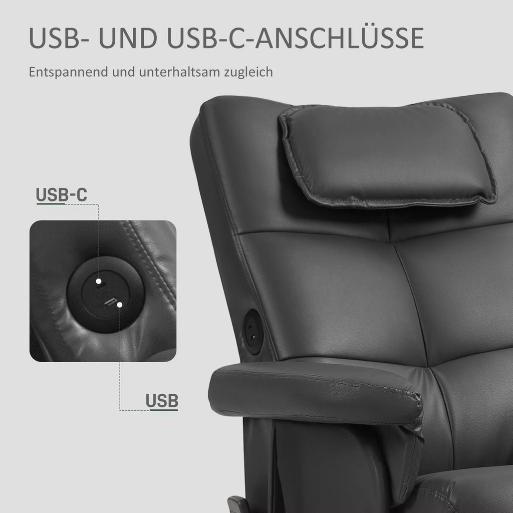 Masažinis krėslas su pakoja, reguliuojama atlošimo atrama, USB įkrovimo prievadas, odos išvaizda, iki 150 kg, juodas