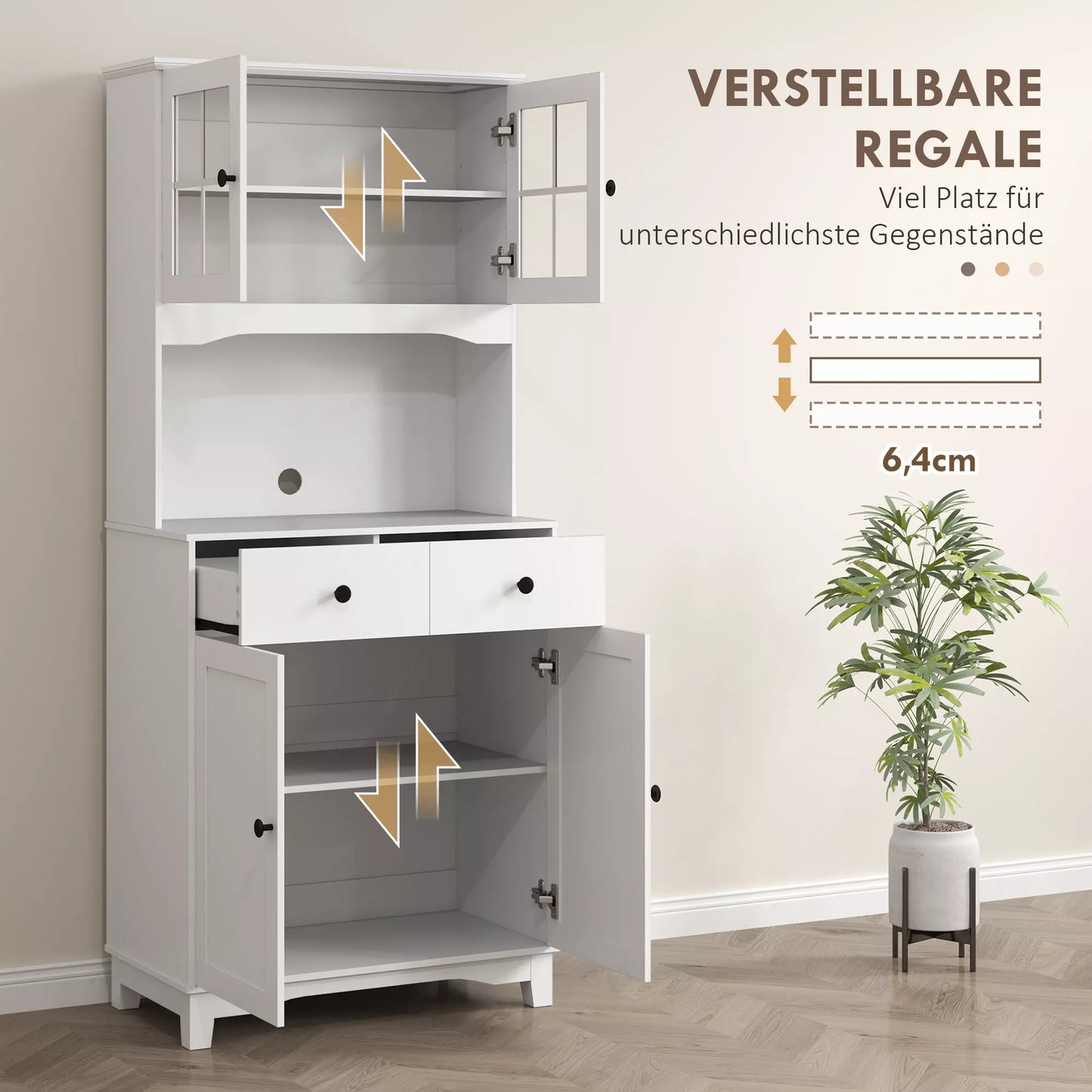 Virtuvės spintelė su stiklinėmis durelėmis, 2 stalčiai, indų spintelė, valgomojo spintelė, medinė, 68 x 39,5 x 170 cm, balta