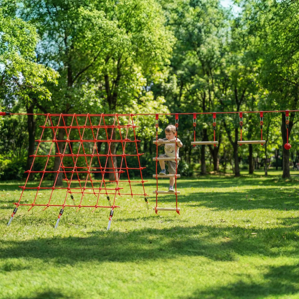 Ninja kliūčių 10 m, su gimnastikos žiedais, sūpuoklėmis, kopėčiomis ir tinklu, 3–6 metų vaikams, raudonas