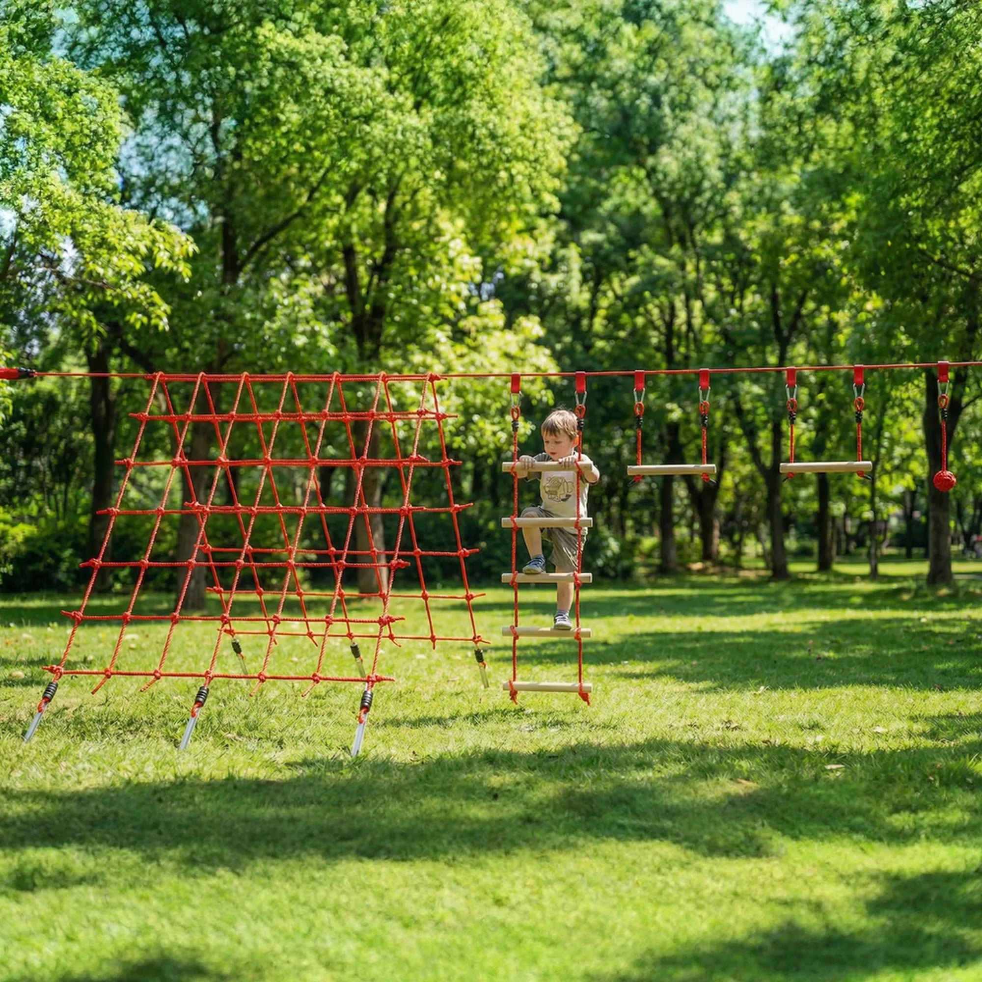 Ninja kliūčių 10 m, su gimnastikos žiedais, sūpuoklėmis, kopėčiomis ir tinklu, 3–6 metų vaikams, raudonas