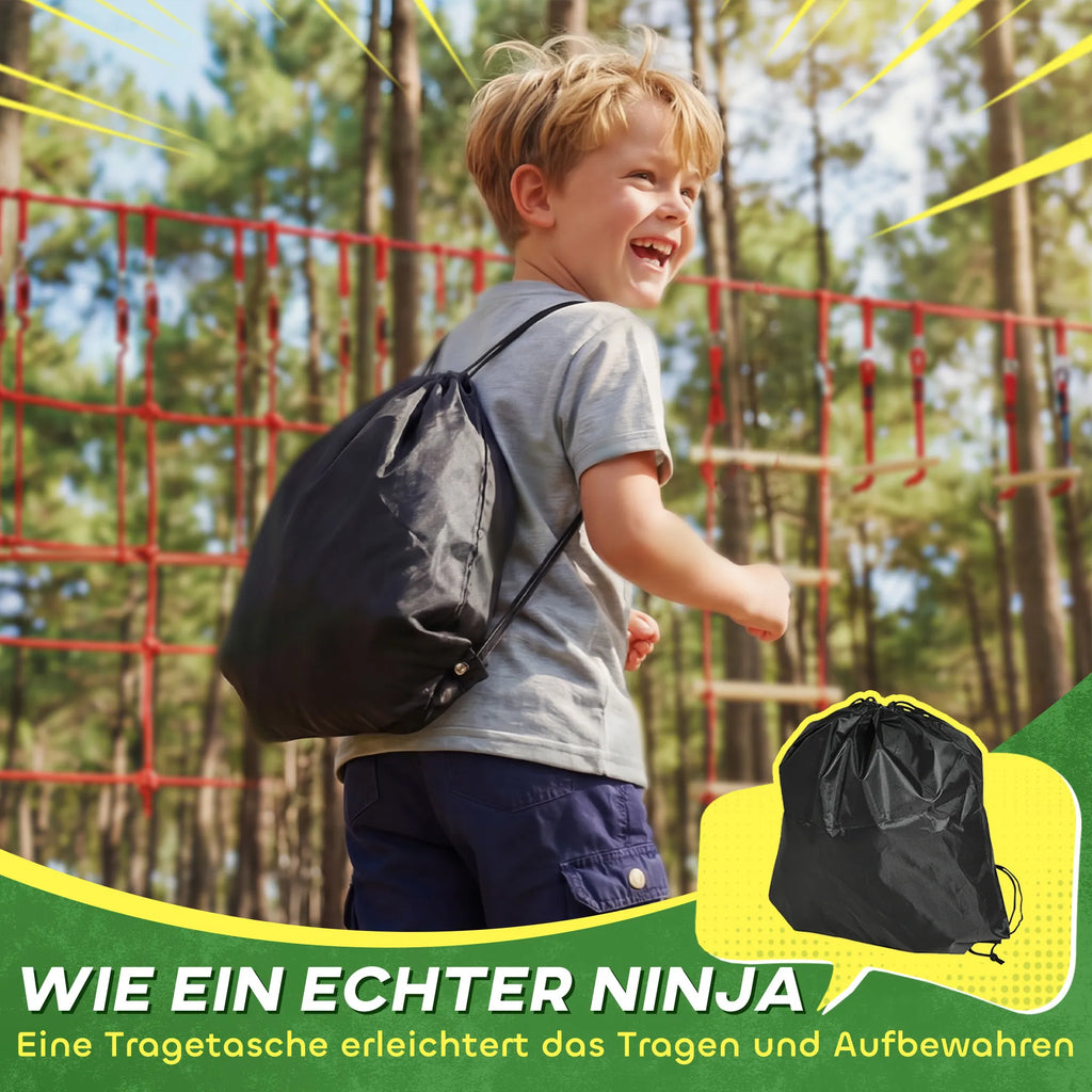 Ninja kliūčių 10 m, su gimnastikos žiedais, sūpuoklėmis, kopėčiomis ir tinklu, 3–6 metų vaikams, raudonas