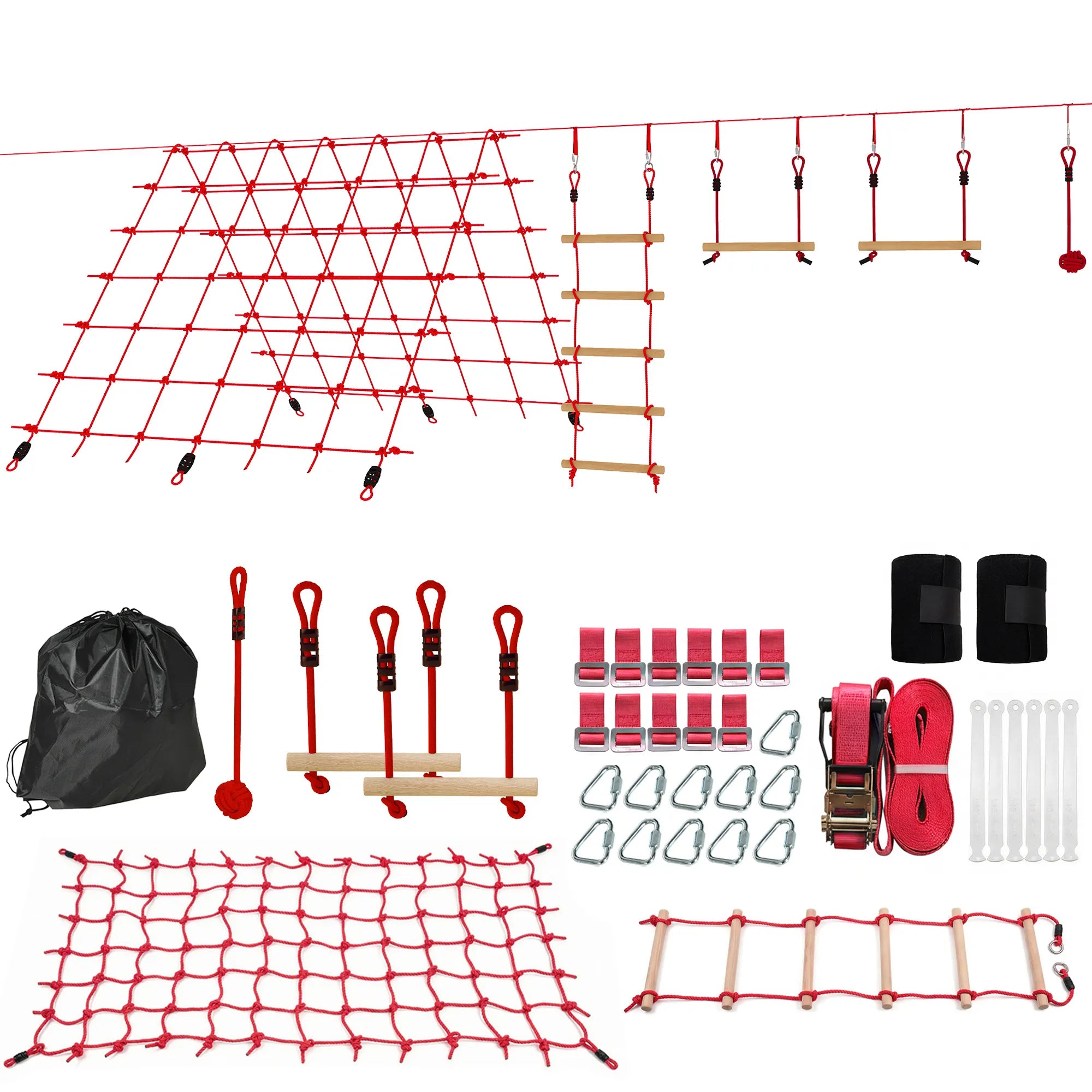Ninja slackline rinkinys vaikams su kliūčių ruožu ir kopimo tinklu raudonas